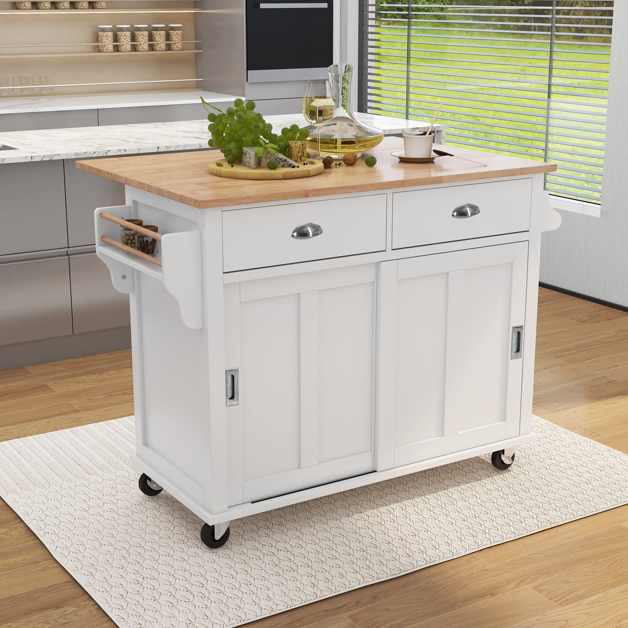 White/Mint Green/Black MDF Kitchen Cart Multifunctional with Storage Cabinet and 2 Drawers