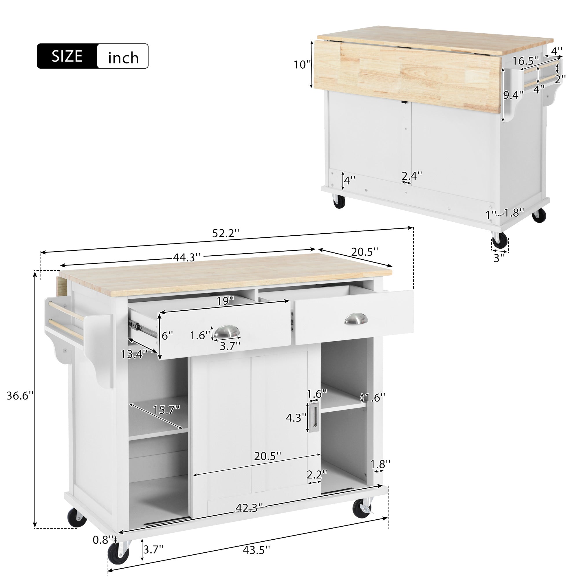 White/Mint Green/Black MDF Kitchen Cart Multifunctional with Storage Cabinet and 2 Drawers