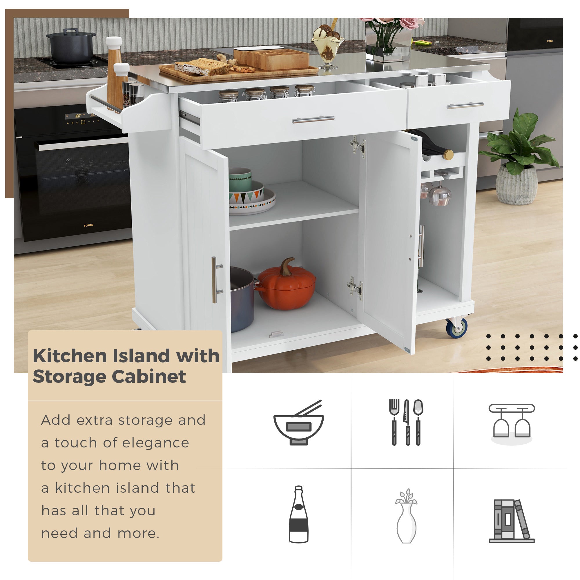 White MDF Kitchen Cart Multifunctional with Wine Rack and Goblet Holder