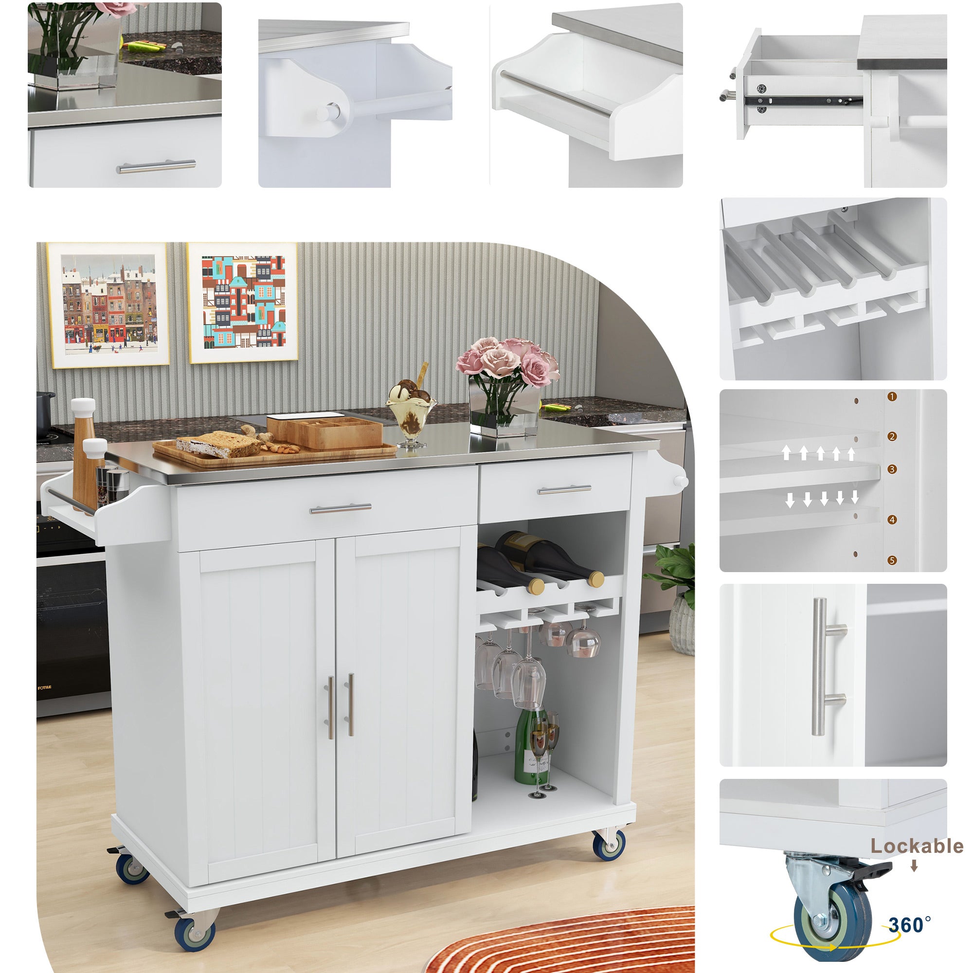 White MDF Kitchen Cart Multifunctional with Wine Rack and Goblet Holder