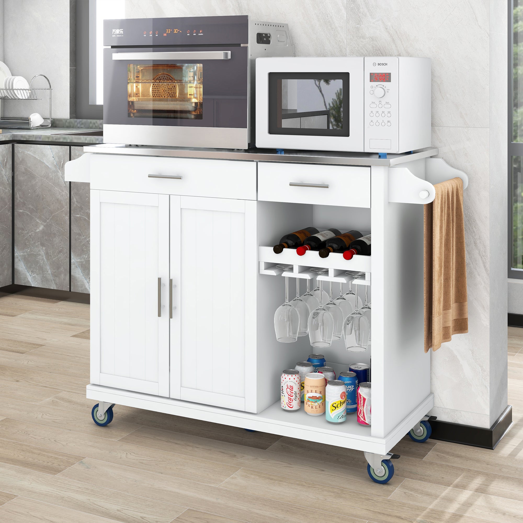 White MDF Kitchen Cart Multifunctional with Wine Rack and Goblet Holder