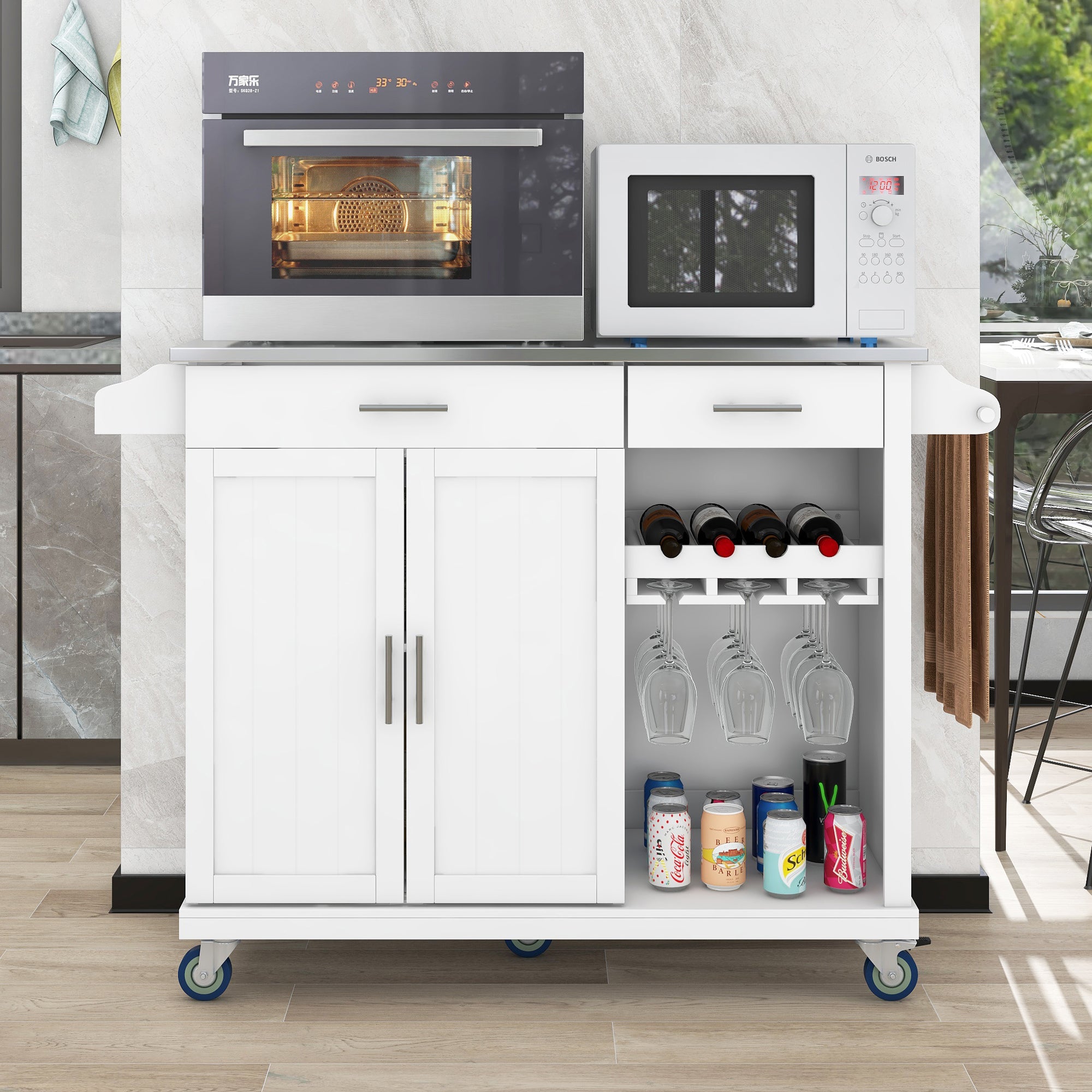 White MDF Kitchen Cart Multifunctional with Wine Rack and Goblet Holder