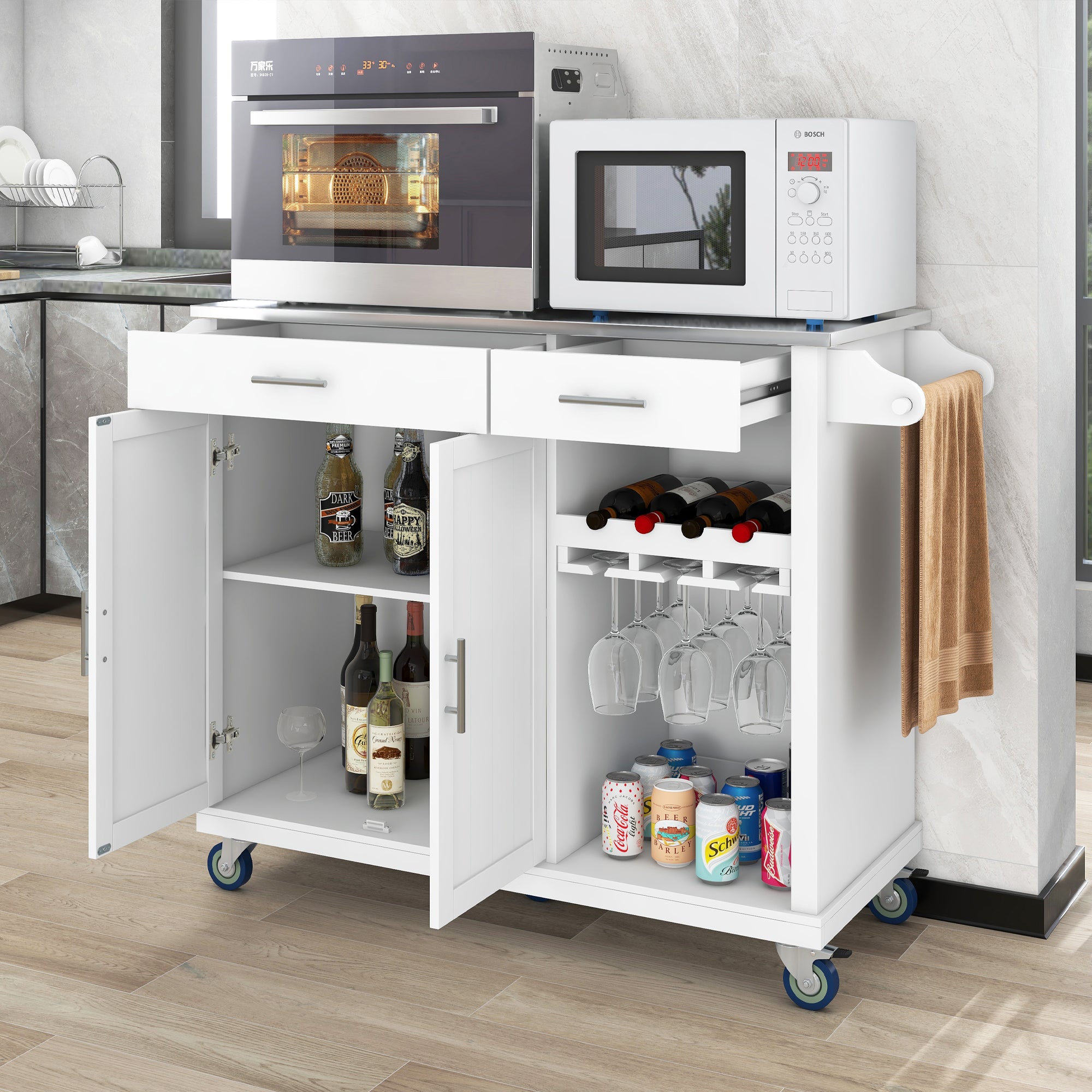 White MDF Kitchen Cart Multifunctional with Wine Rack and Goblet Holder