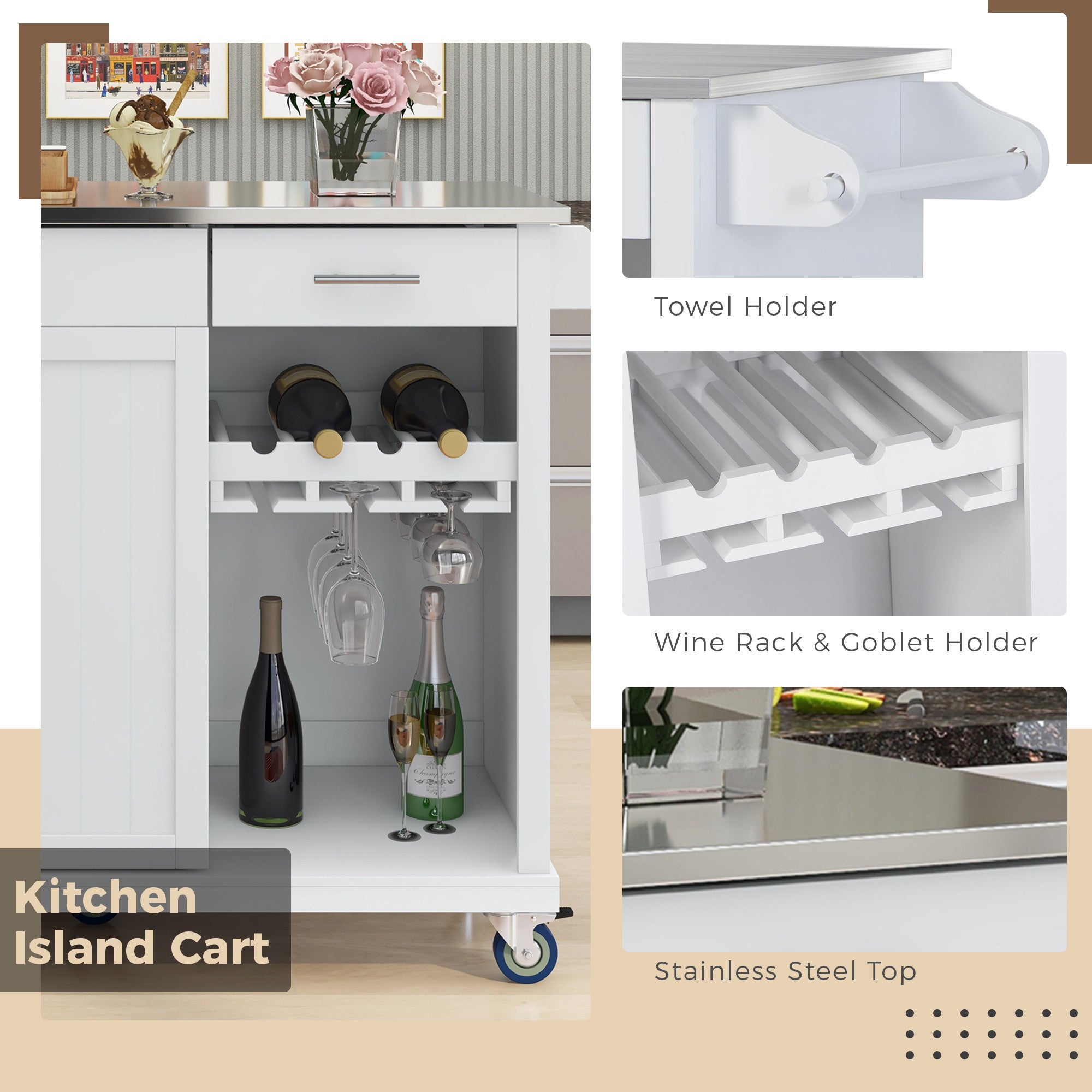 White MDF Kitchen Cart Multifunctional with Wine Rack and Goblet Holder