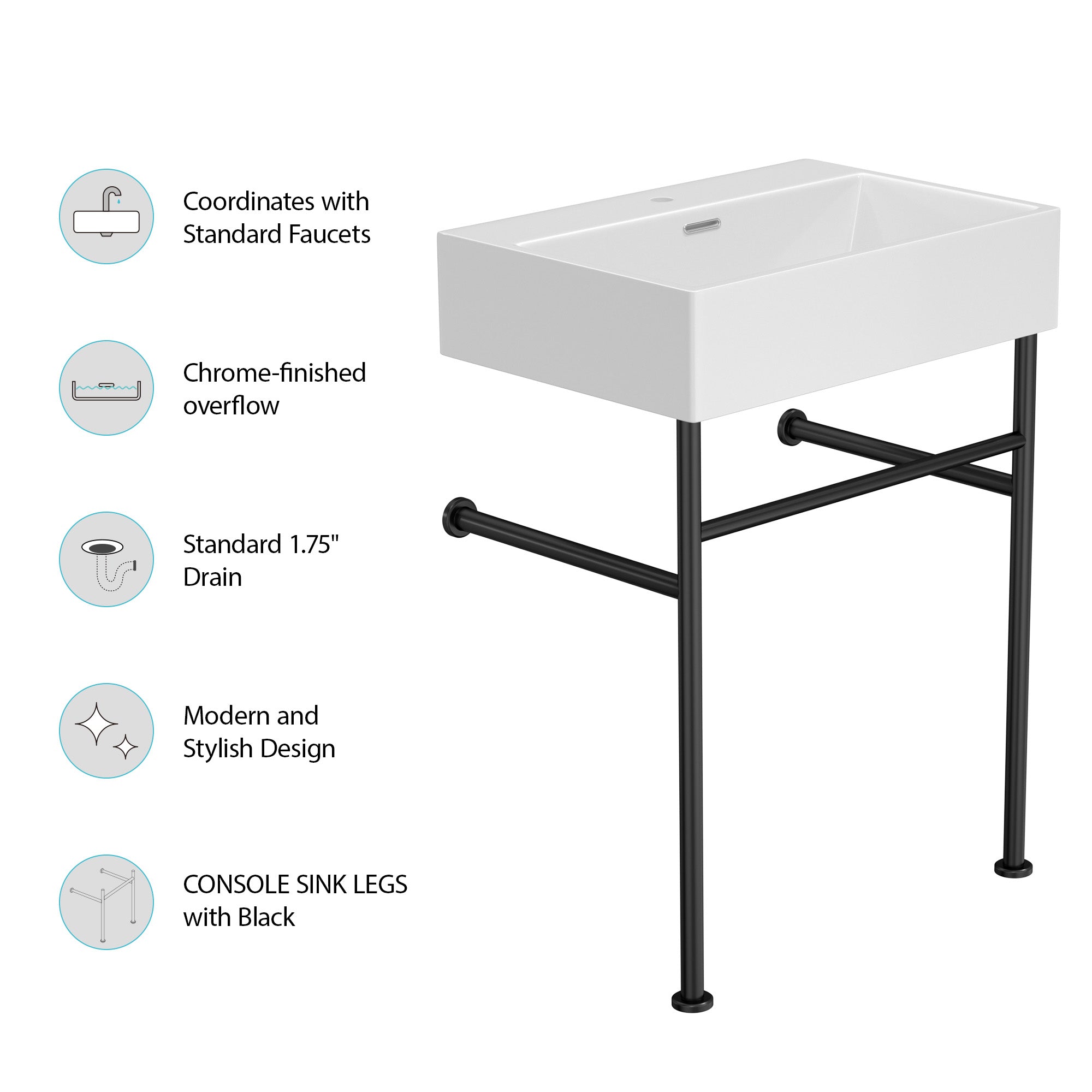 Rectangle Ceramic Console Bathroom Sink with Overflow