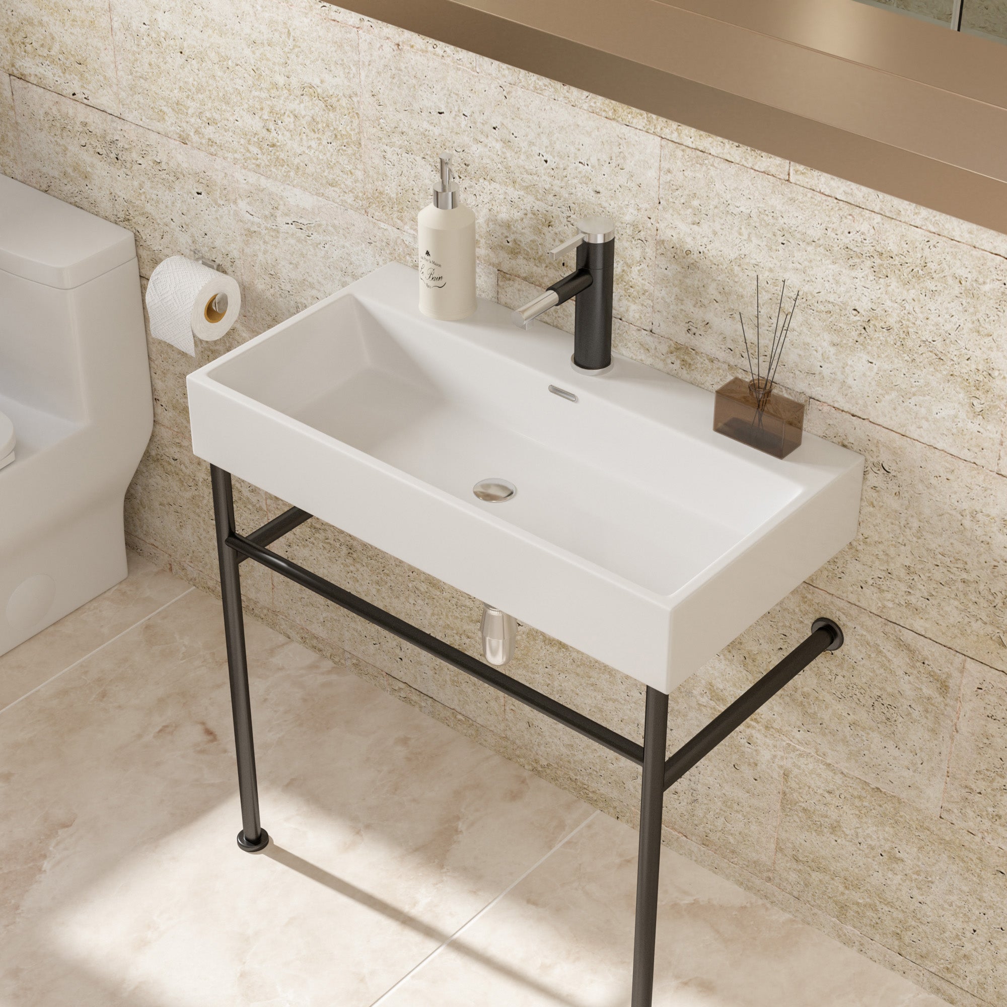 Rectangle Ceramic Console Bathroom Sink with Overflow