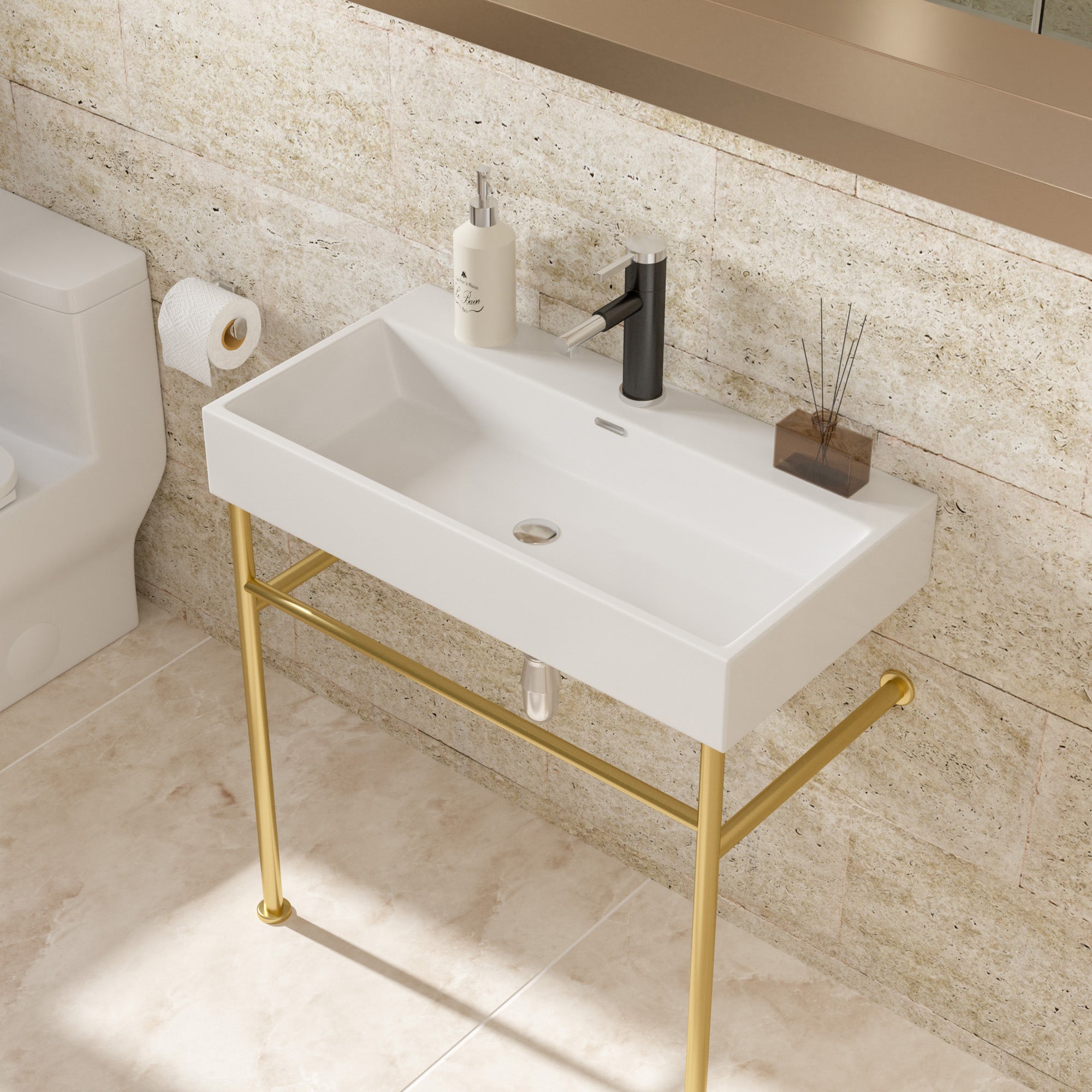 Rectangle Ceramic Console Bathroom Sink with Overflow