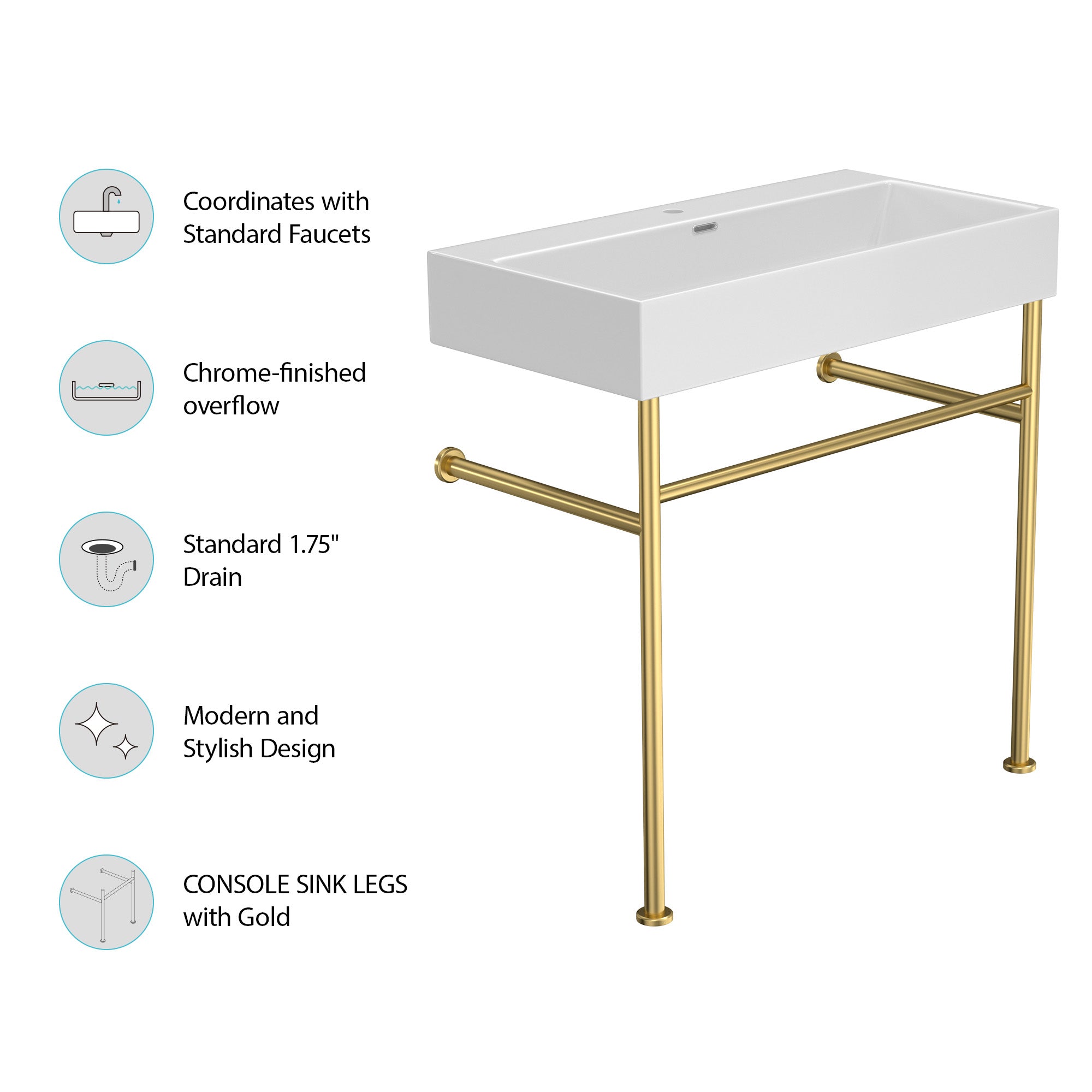 Rectangle Ceramic Console Bathroom Sink with Overflow