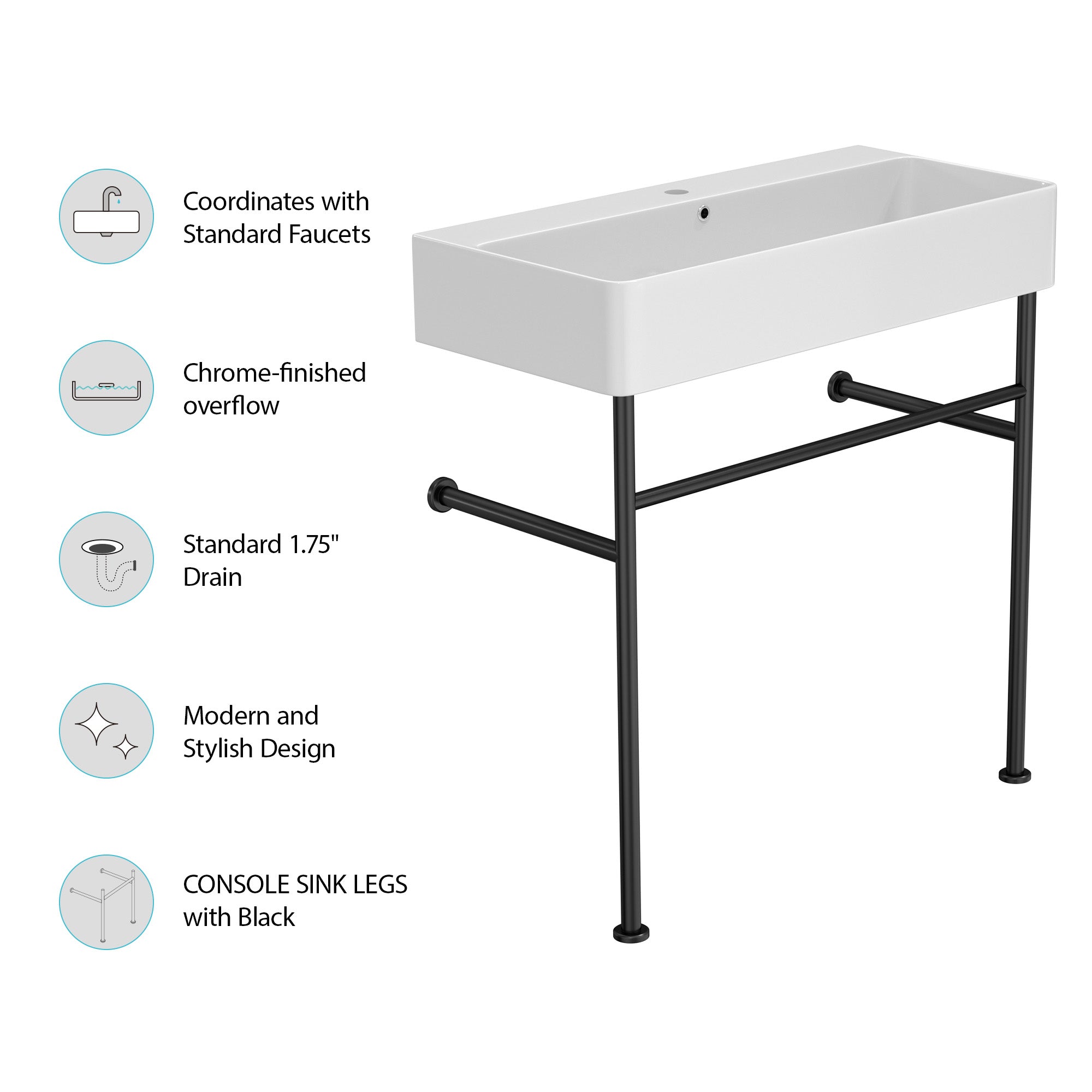 Rectangle Ceramic Console Bathroom Sink with Overflow