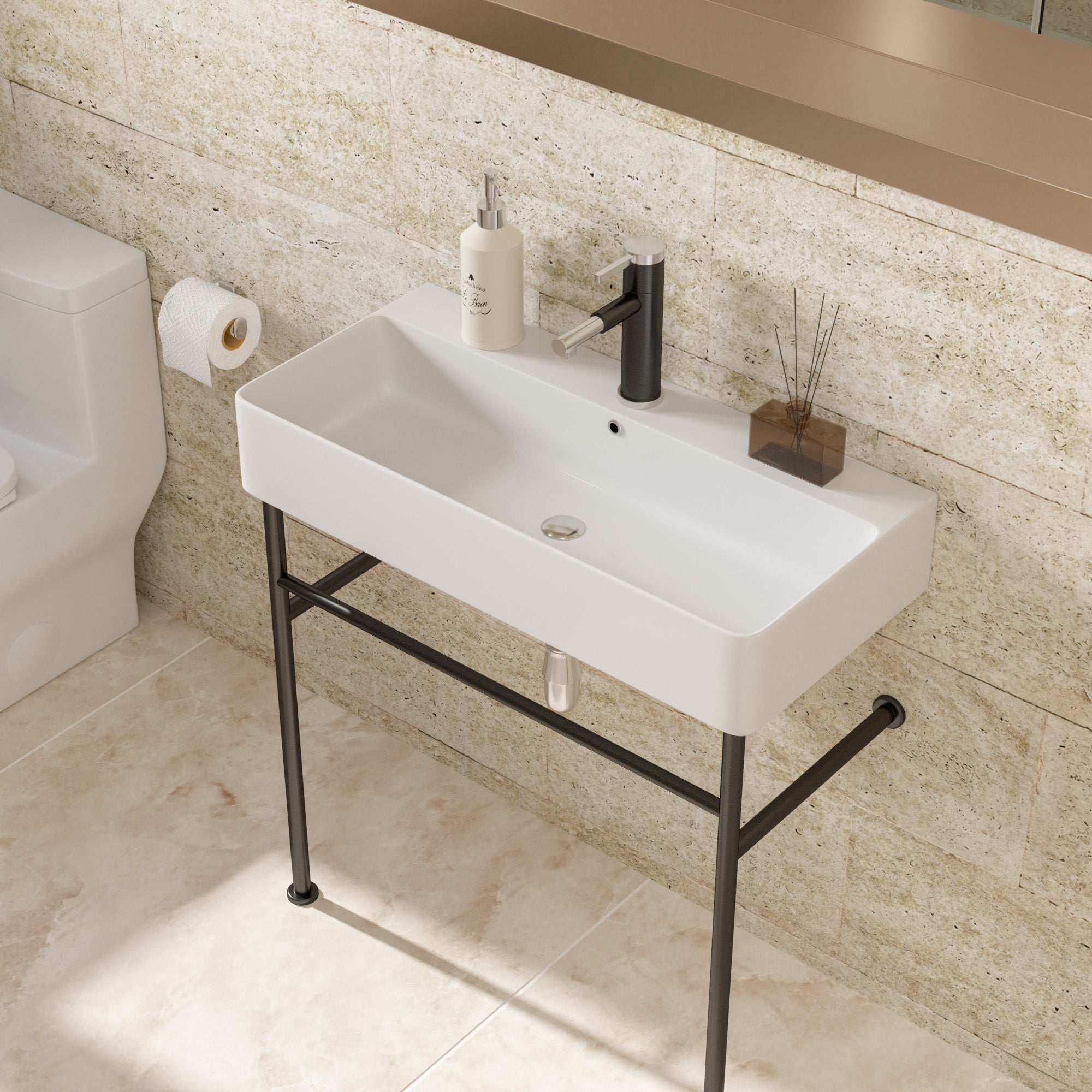 Rectangle Ceramic Console Bathroom Sink with Overflow