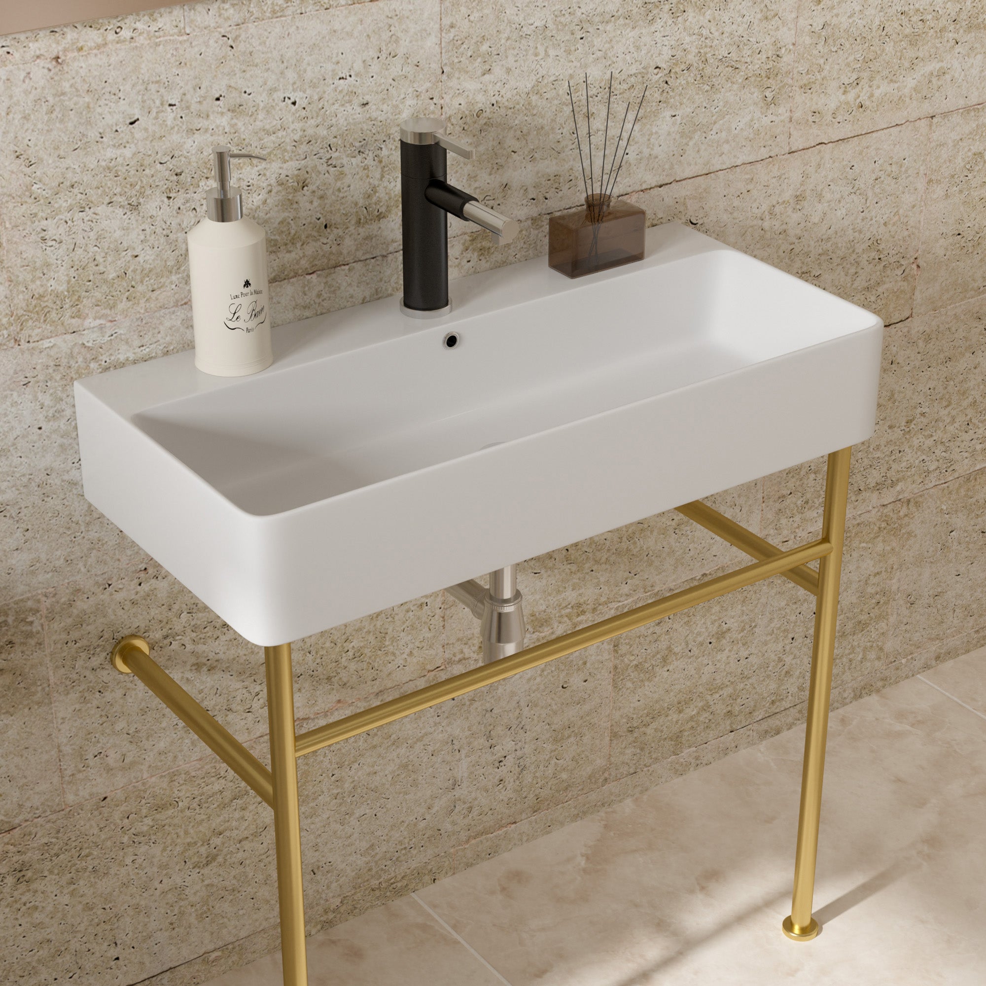Rectangle Ceramic Console Bathroom Sink with Overflow