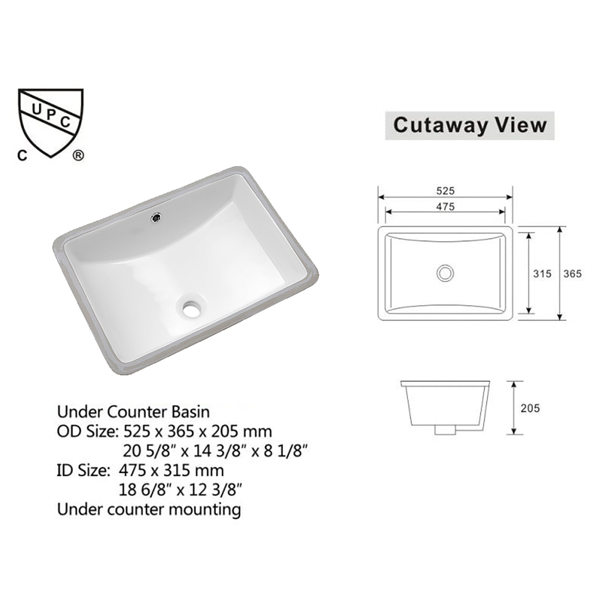 Rectangular Ceramic Undermount Bathroom Sink with Overflow