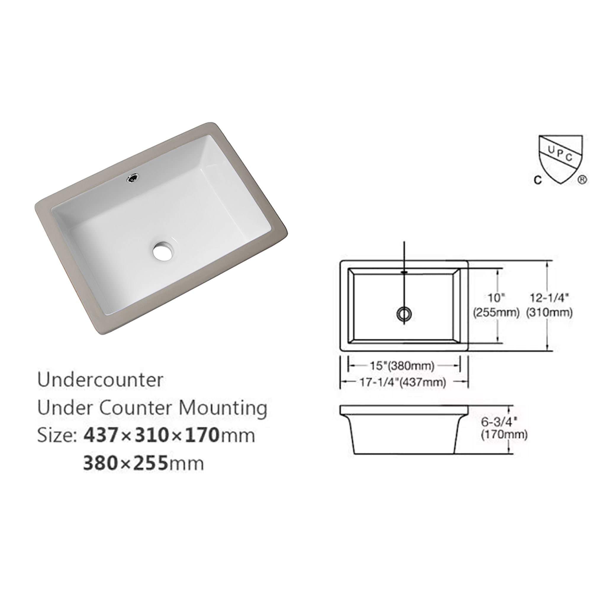 Rectangular Ceramic Undermount Bathroom Sink with Overflow