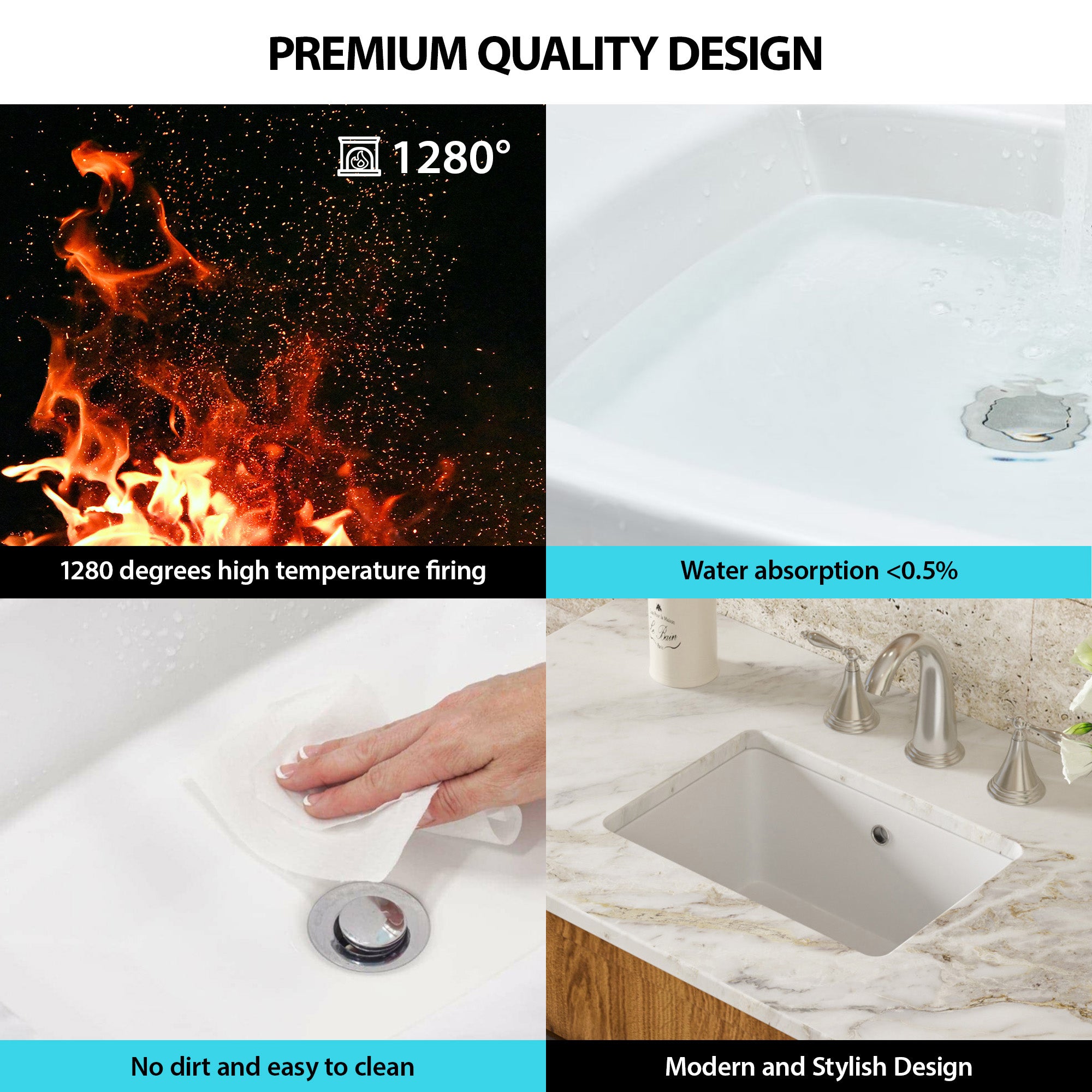 Rectangular Ceramic Undermount Bathroom Sink with Overflow