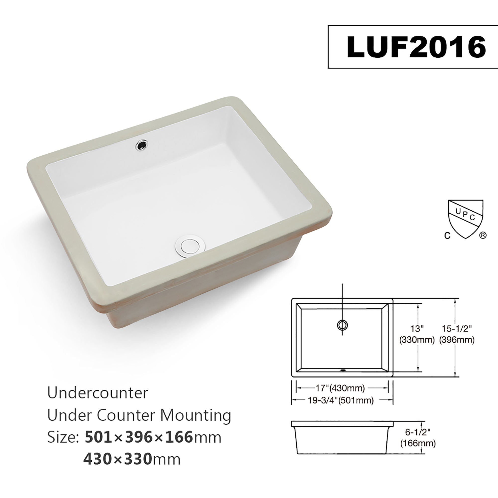 Rectangular Ceramic Undermount Bathroom Sink with Overflow