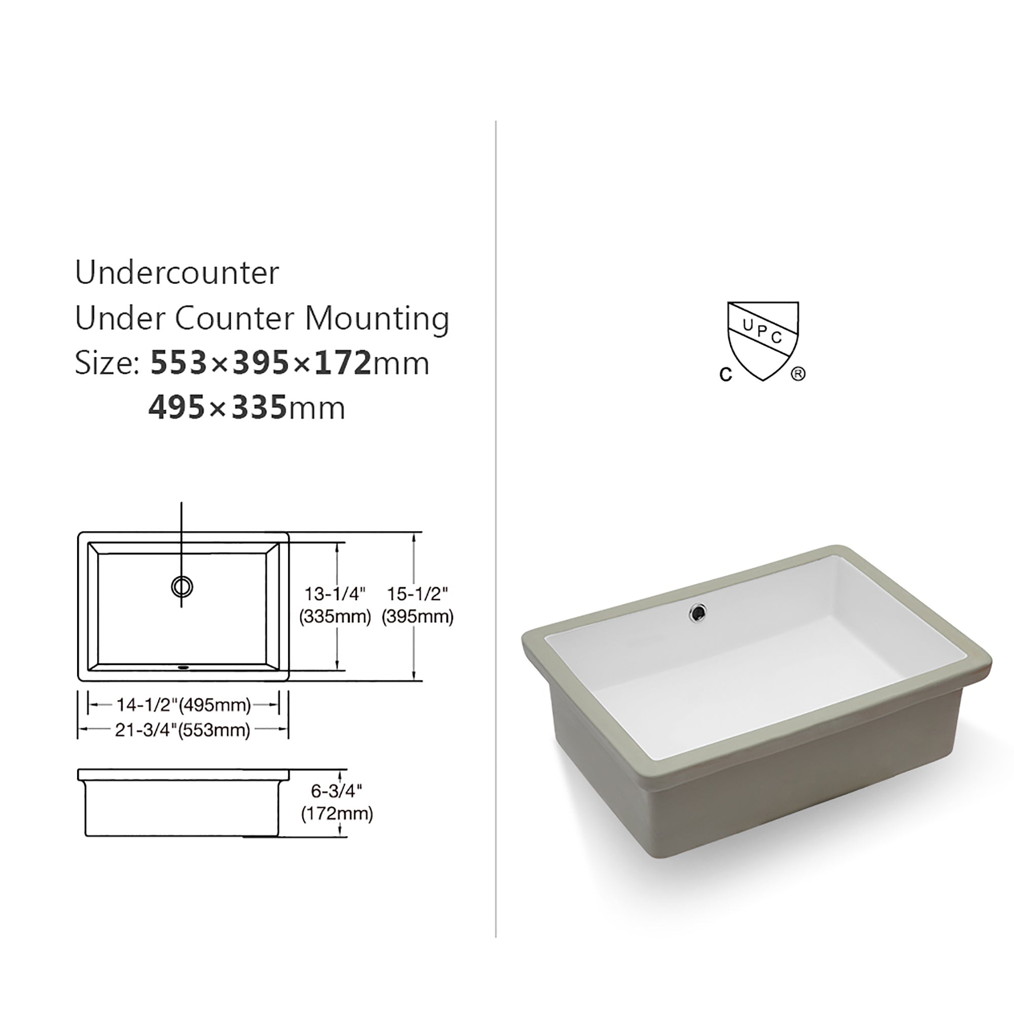 Rectangular Ceramic Undermount Bathroom Sink with Overflow