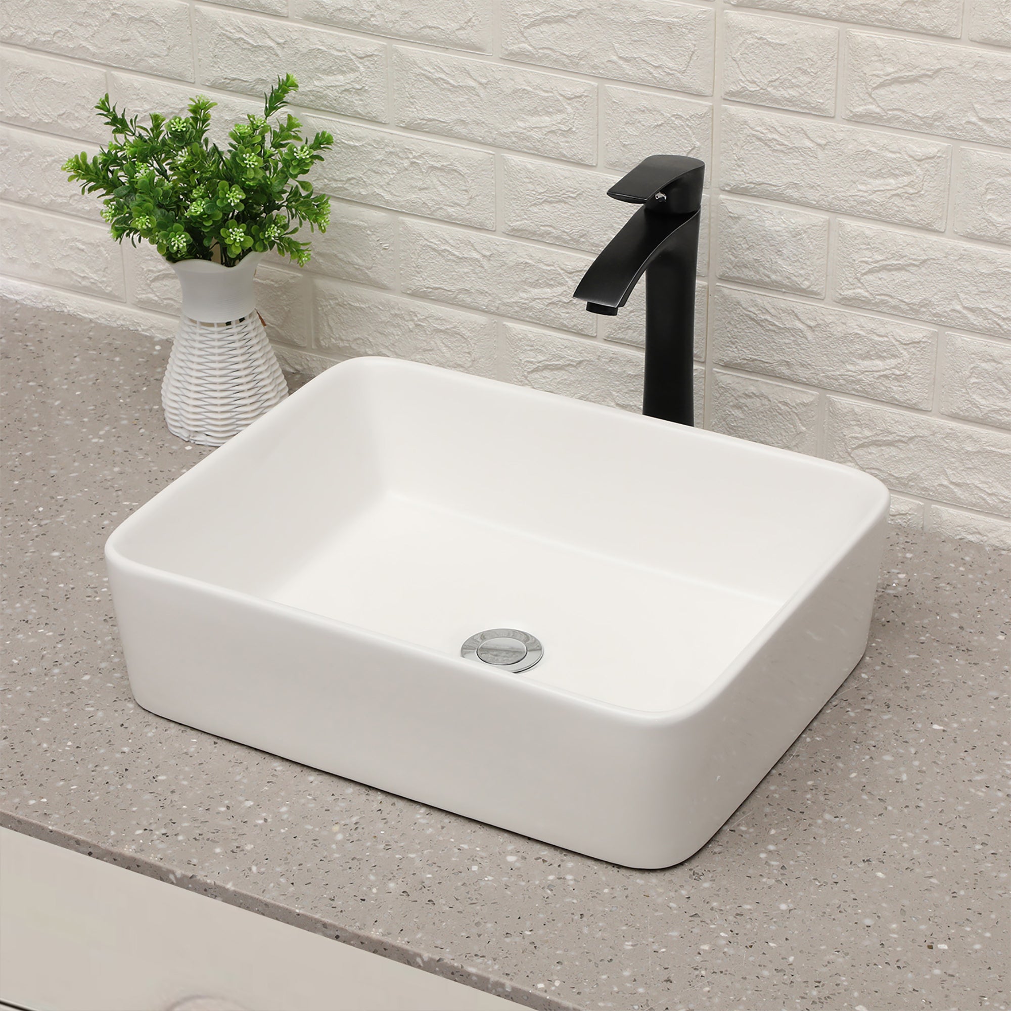 Rectangular Ceramic Vessel Bathroom Sink with Faucet and Water Hoses