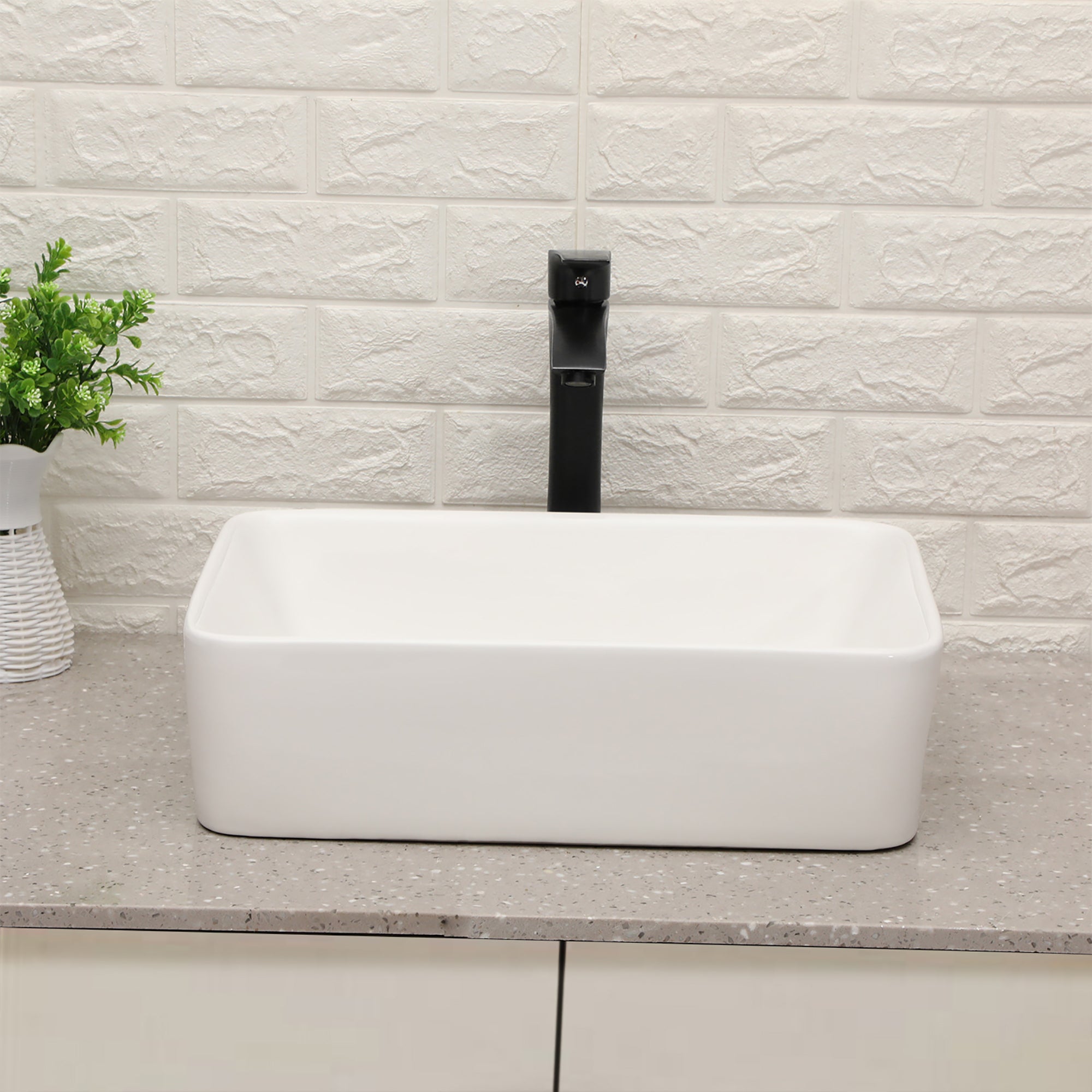 Rectangular Ceramic Vessel Bathroom Sink with Faucet and Water Hoses