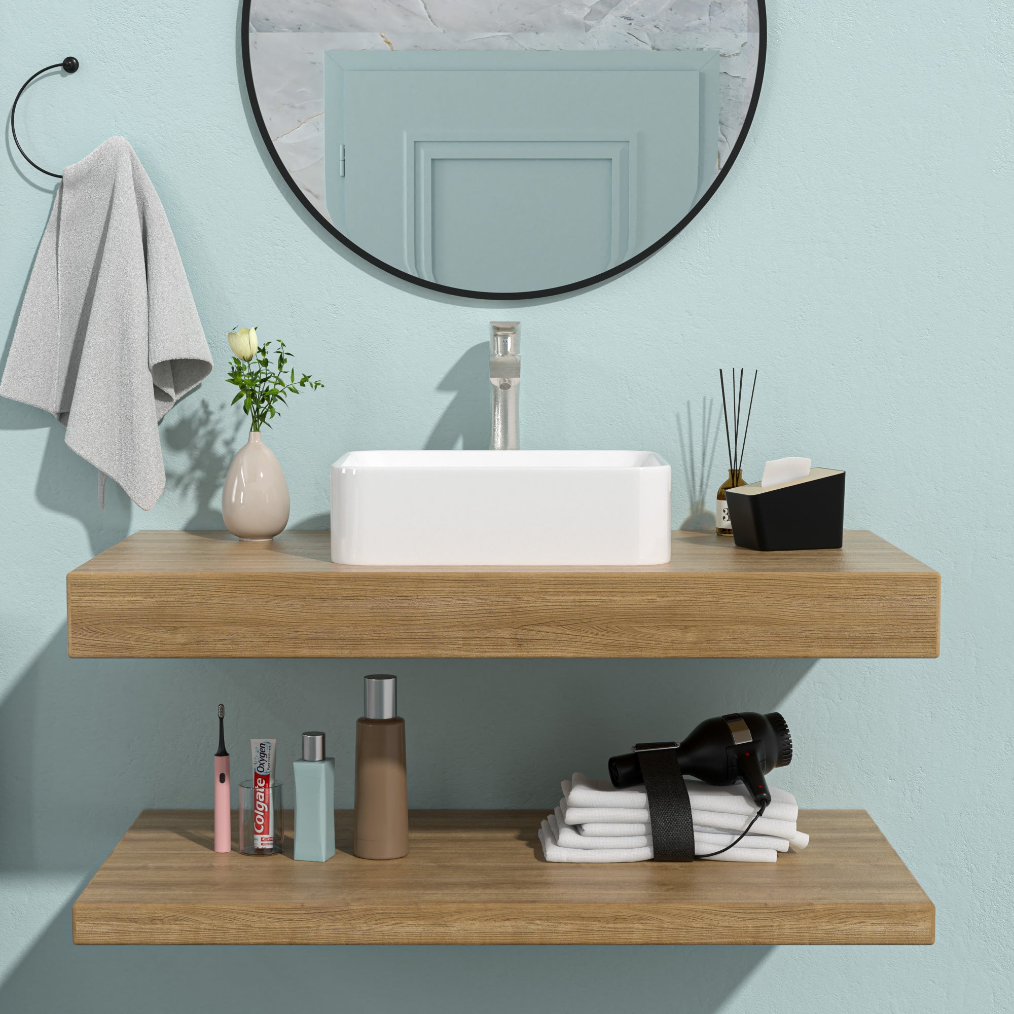 Rectangular Ceramic Vessel Bathroom Sink with Faucet and Water Hoses