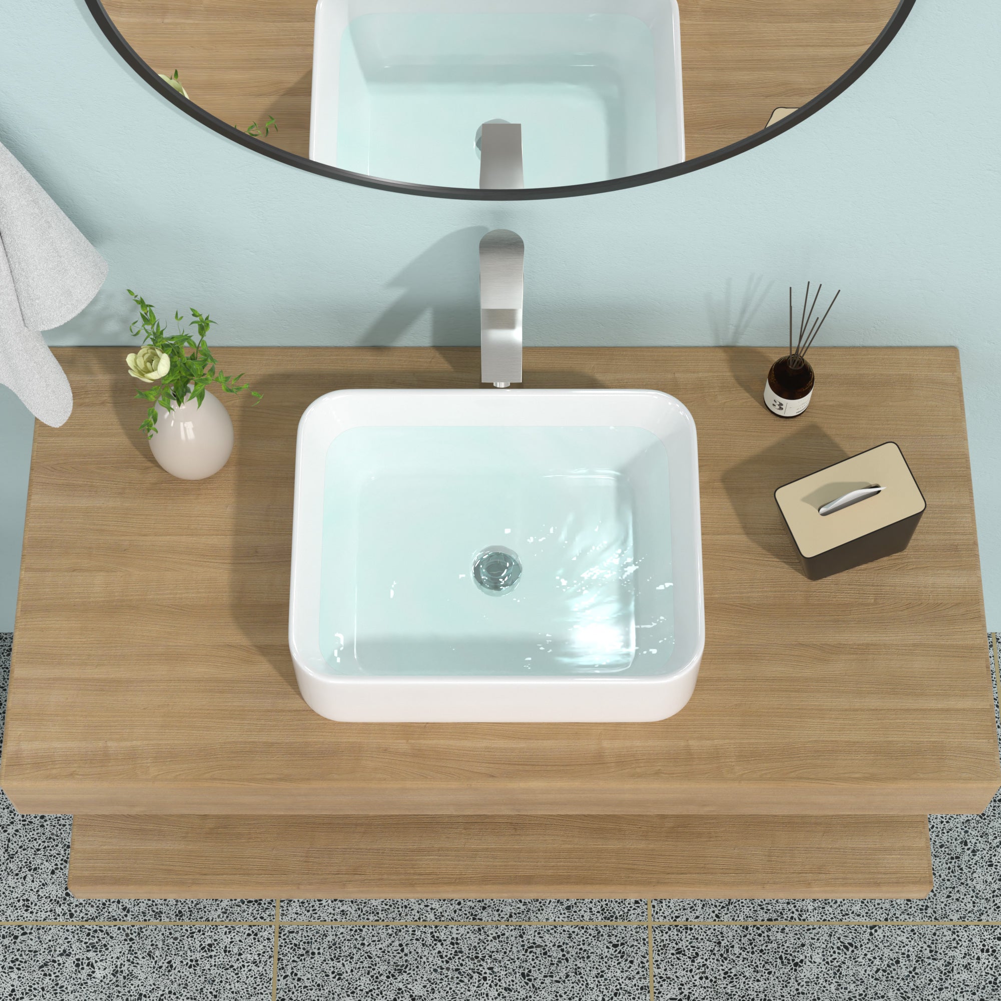 Rectangular Ceramic Vessel Bathroom Sink with Faucet and Water Hoses