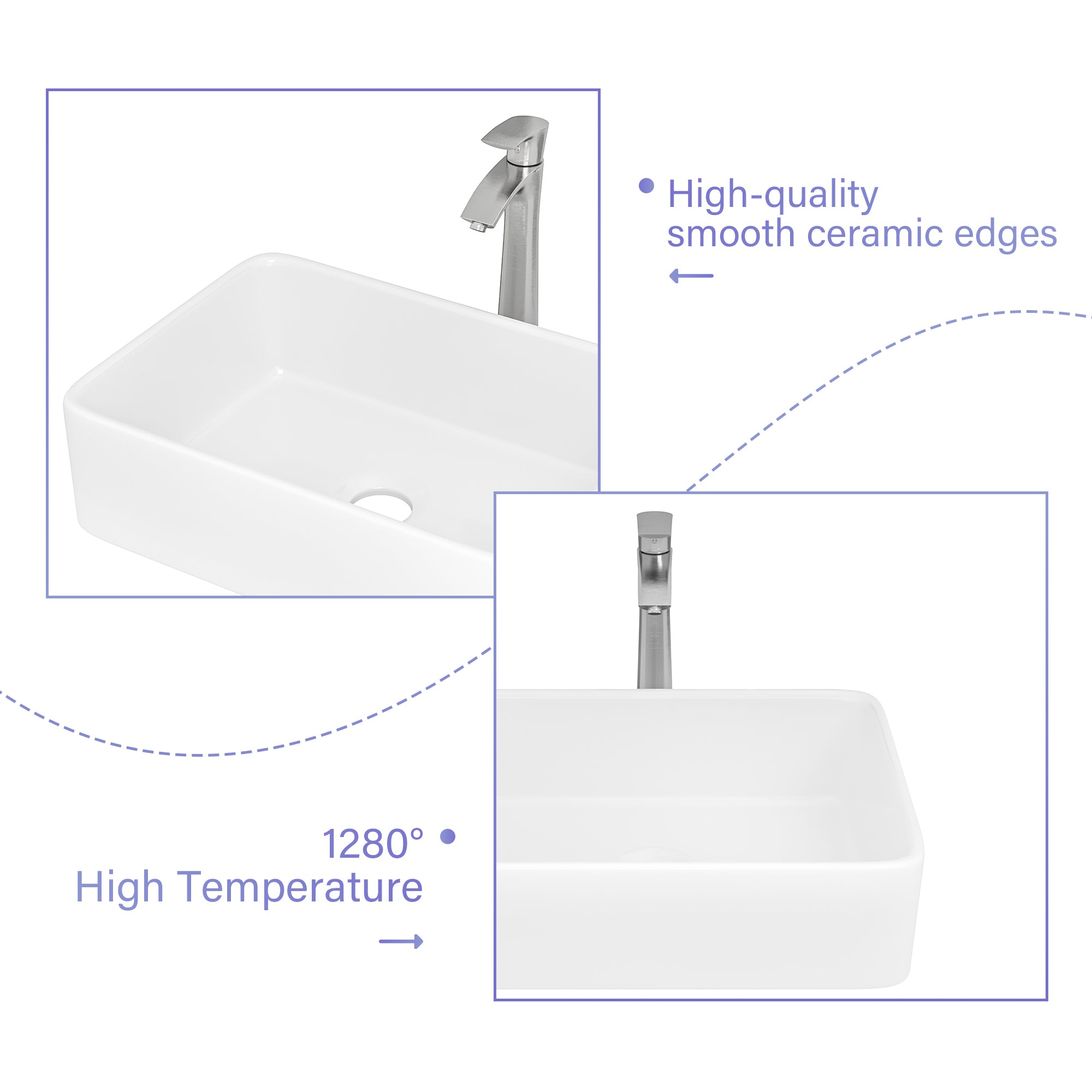 Rectangular Ceramic Vessel Bathroom Sink with Faucet and Water Hoses