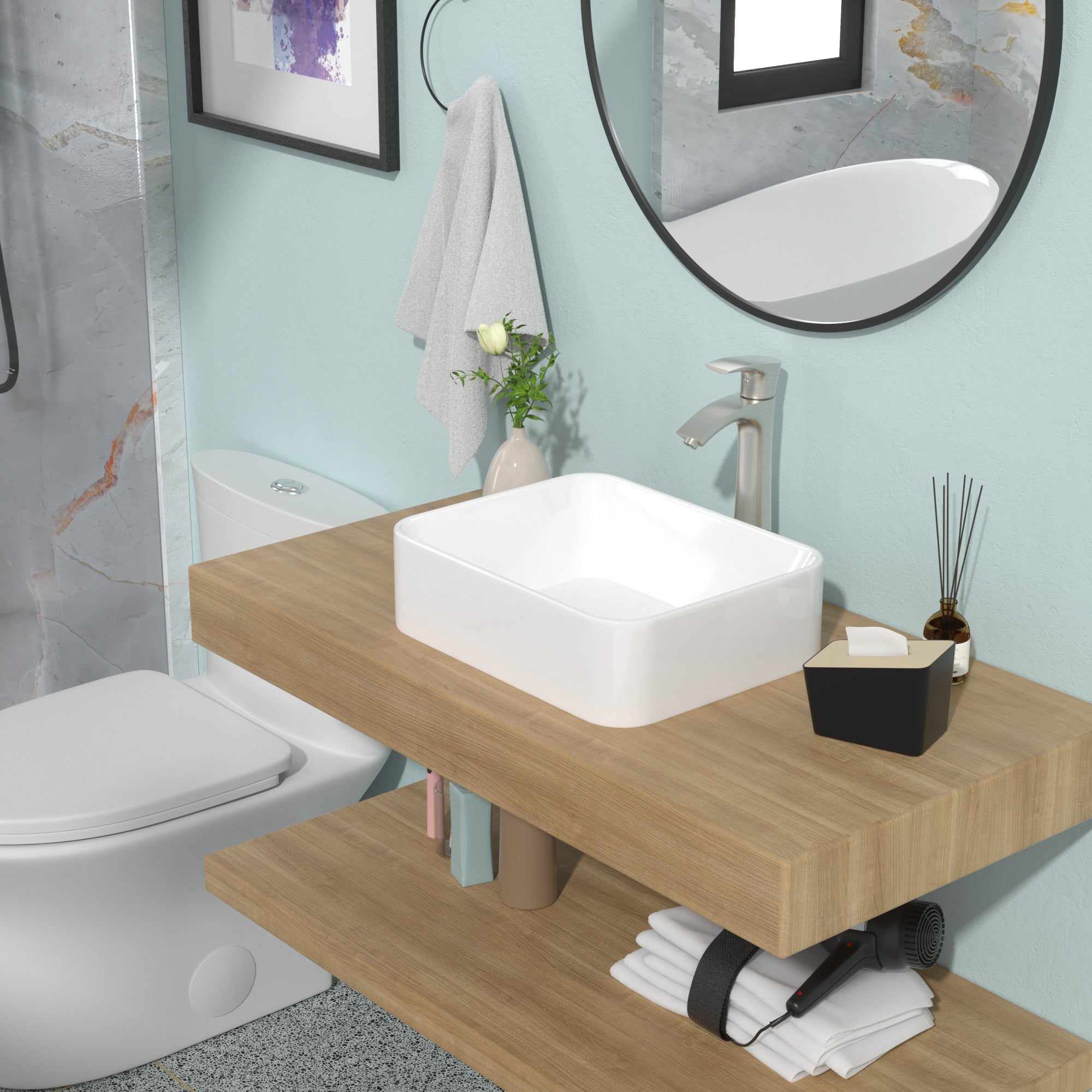 Rectangular Ceramic Vessel Bathroom Sink with Faucet and Water Hoses