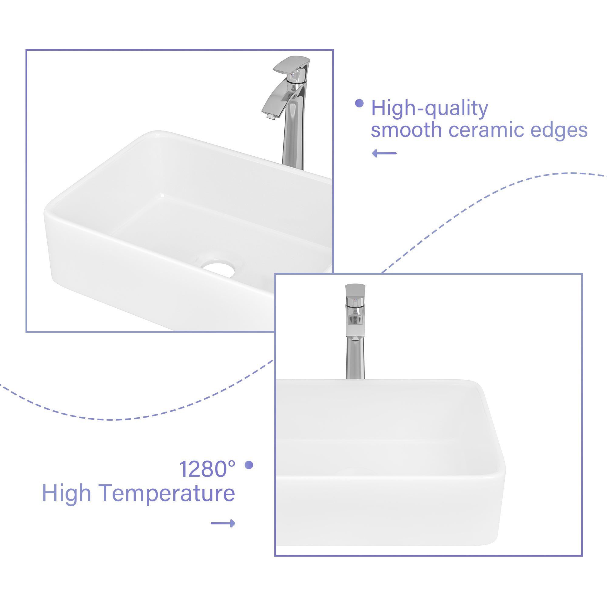 Rectangular Ceramic Vessel Bathroom Sink with Faucet and Water Hoses