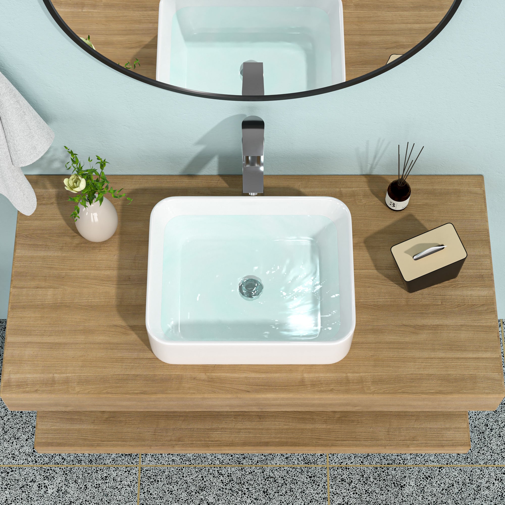 Rectangular Ceramic Vessel Bathroom Sink with Faucet and Water Hoses
