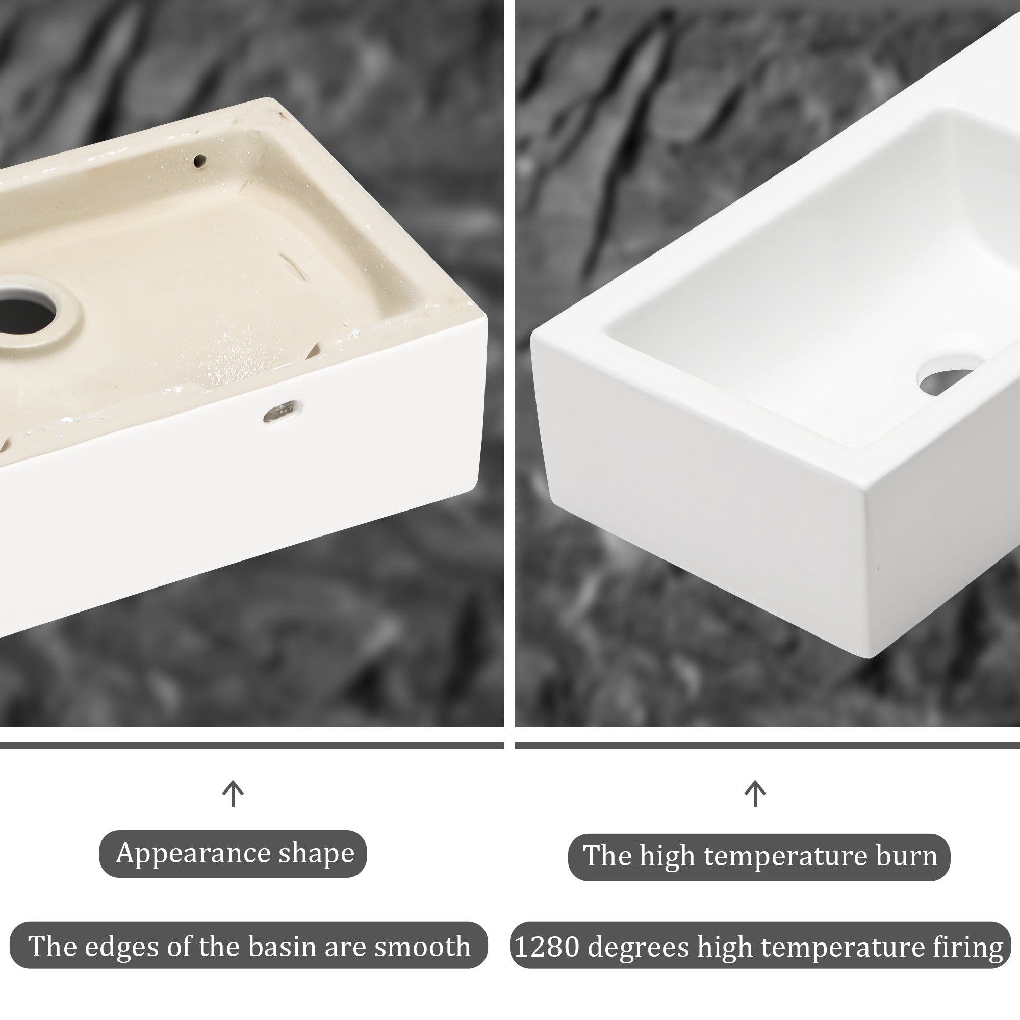 Rectangle Ceramic Wall Mount Bathroom Sink with Faucet Hole