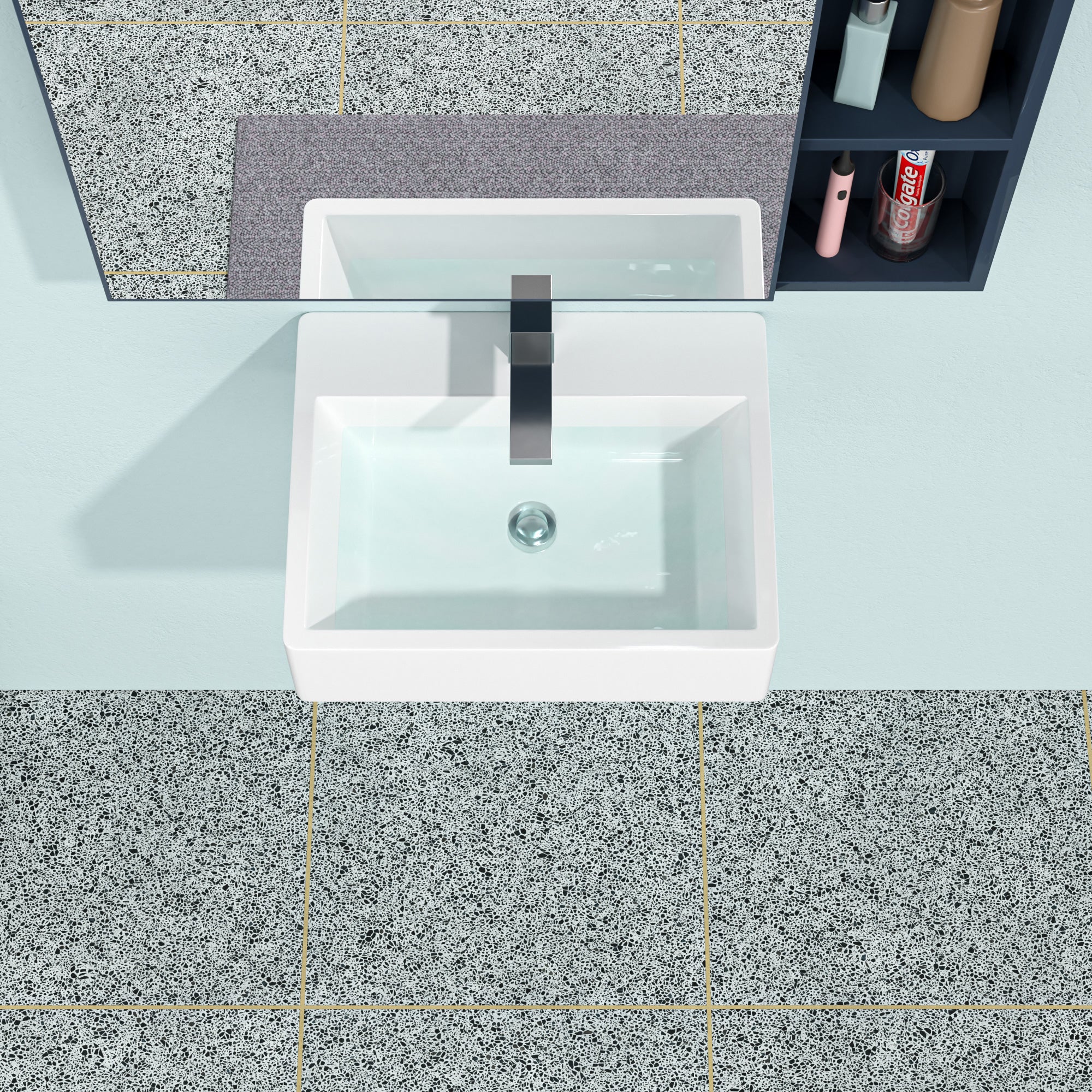 Rectangle Ceramic Wall Mount Bathroom Sink with Faucet Hole