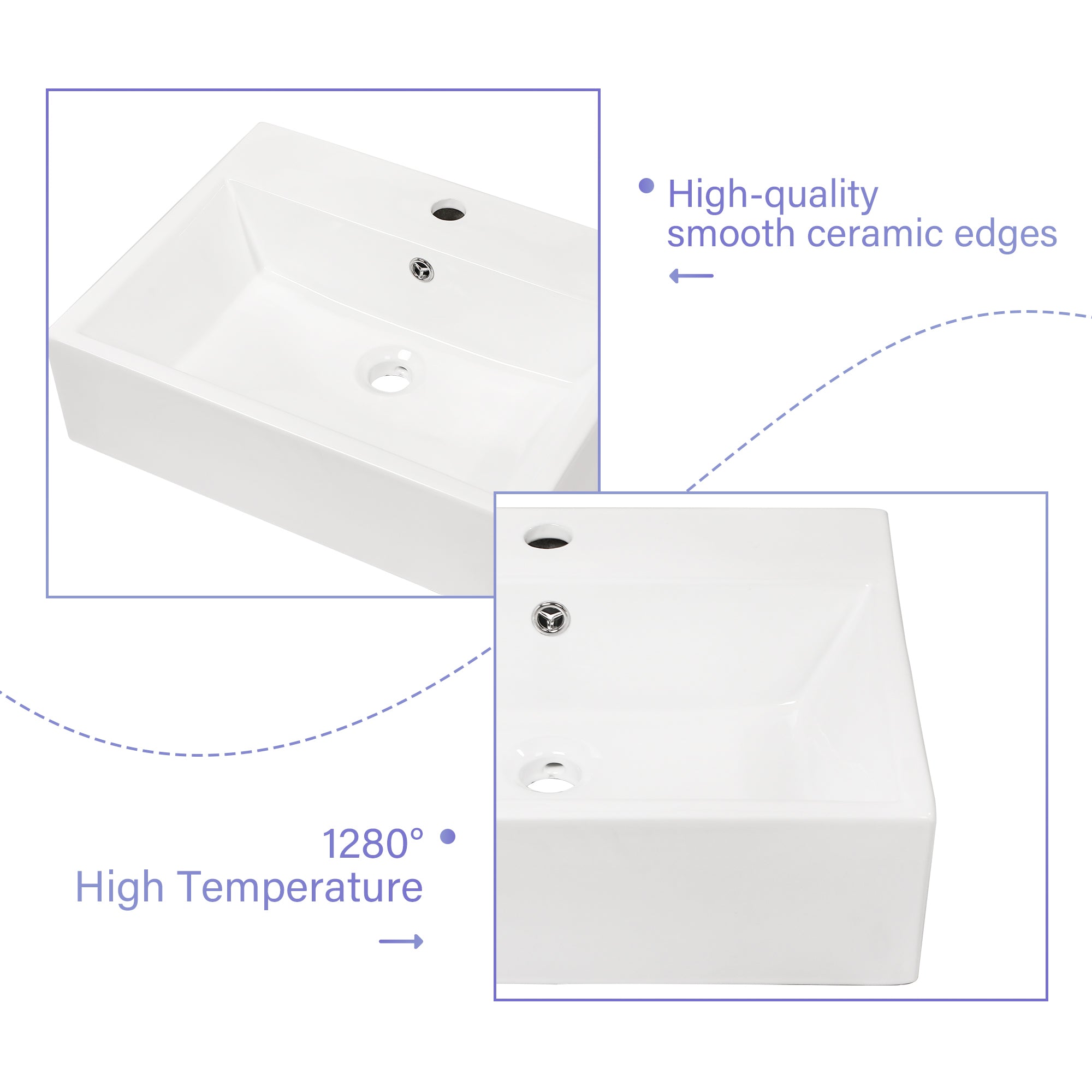 Rectangle Ceramic Wall Mount Bathroom Sink with Faucet Hole