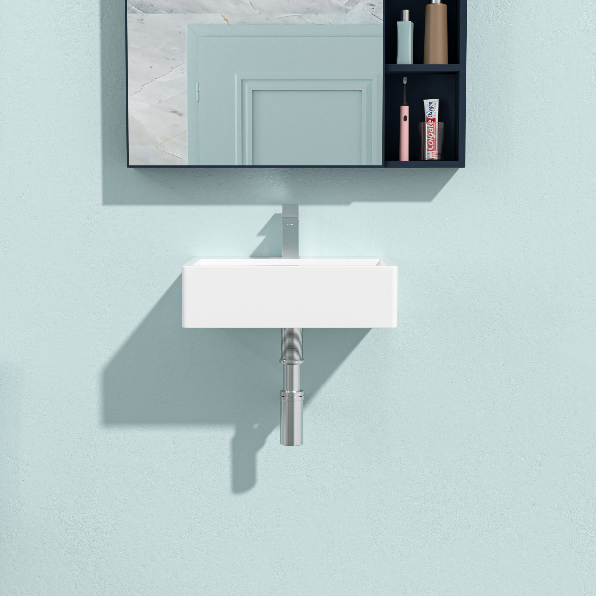 Rectangle Ceramic Wall Mount Bathroom Sink with Faucet Hole
