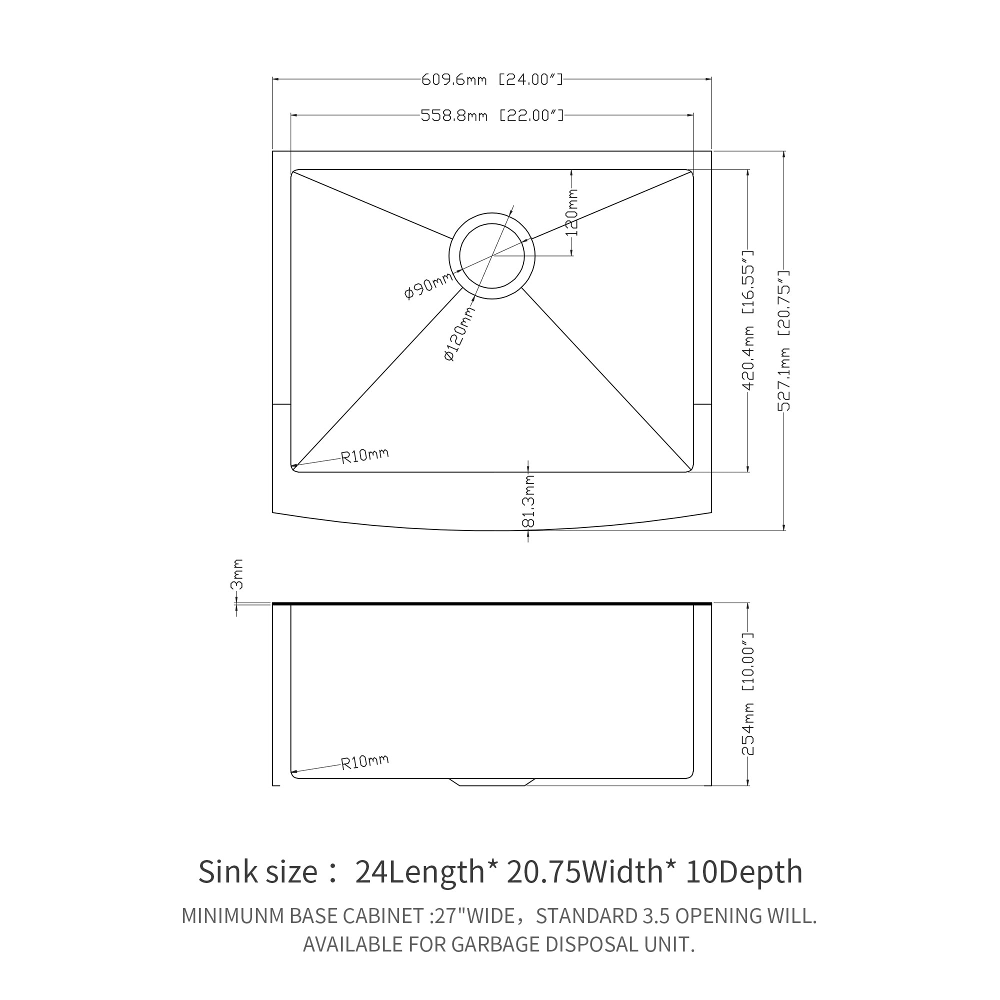 Stainless Steel Single Bowl Farmhouse Kitchen Sink with Bottom Grid