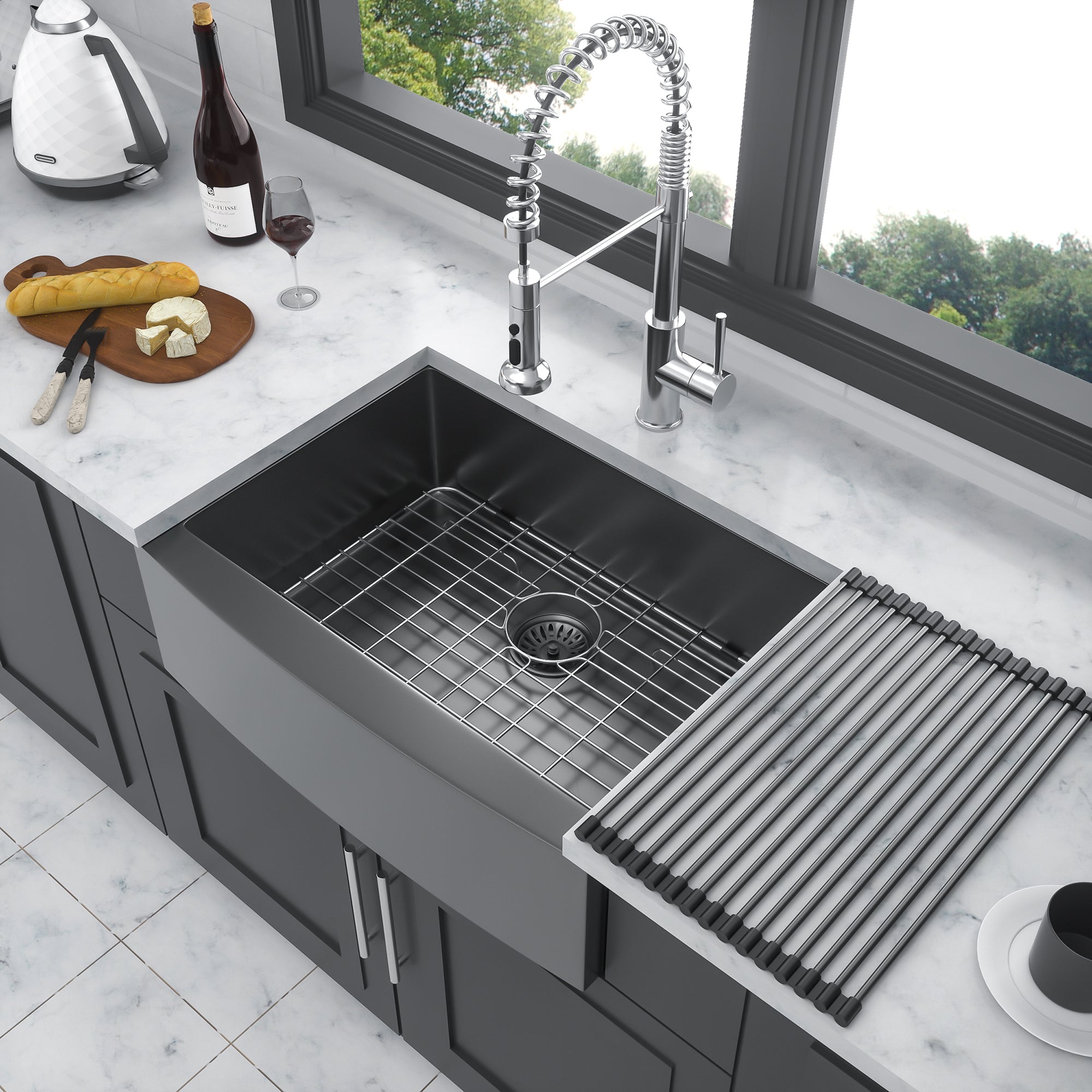 Stainless Steel Single Bowl Farmhouse Kitchen Sink with Bottom Grid