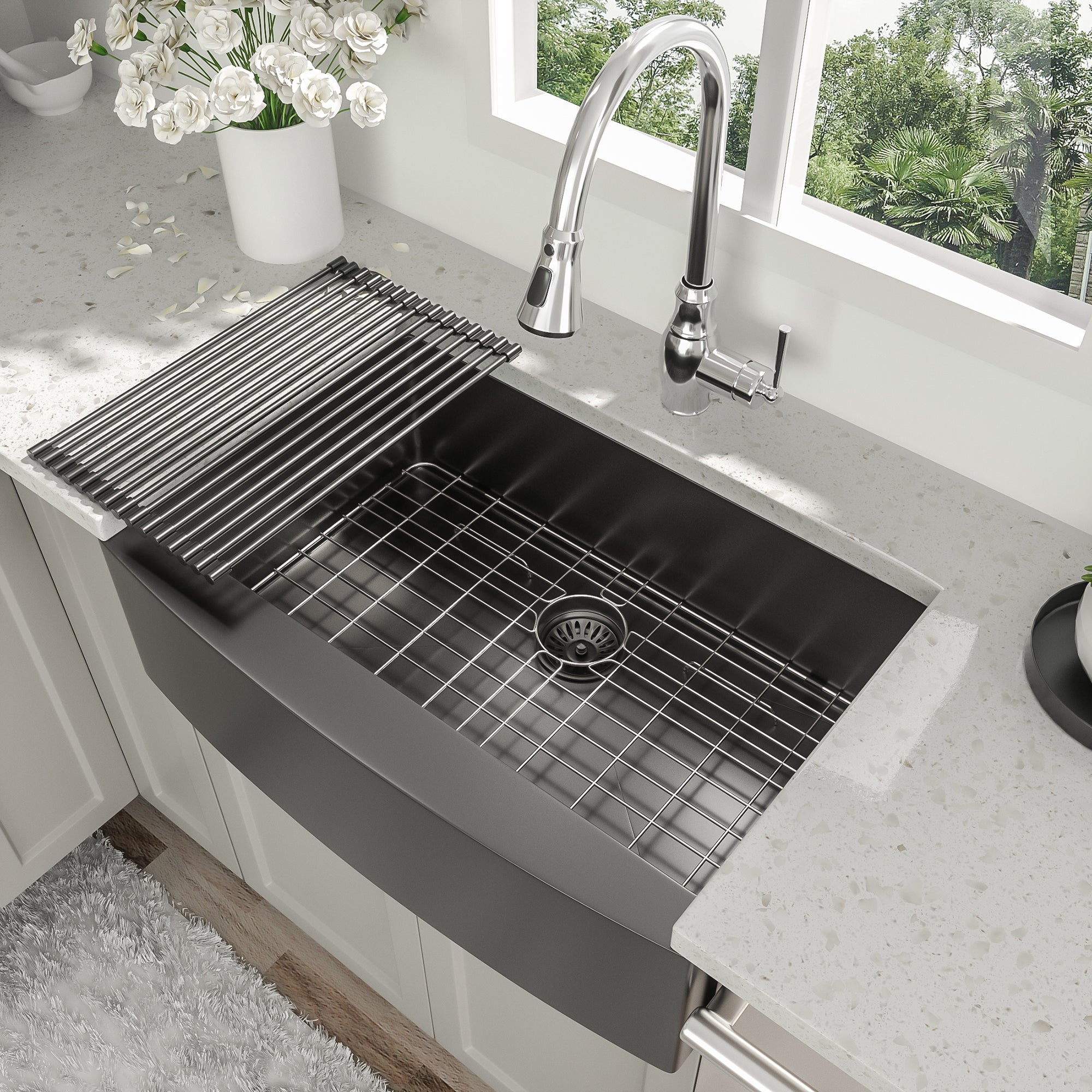 Stainless Steel Single Bowl Farmhouse Kitchen Sink with Bottom Grid