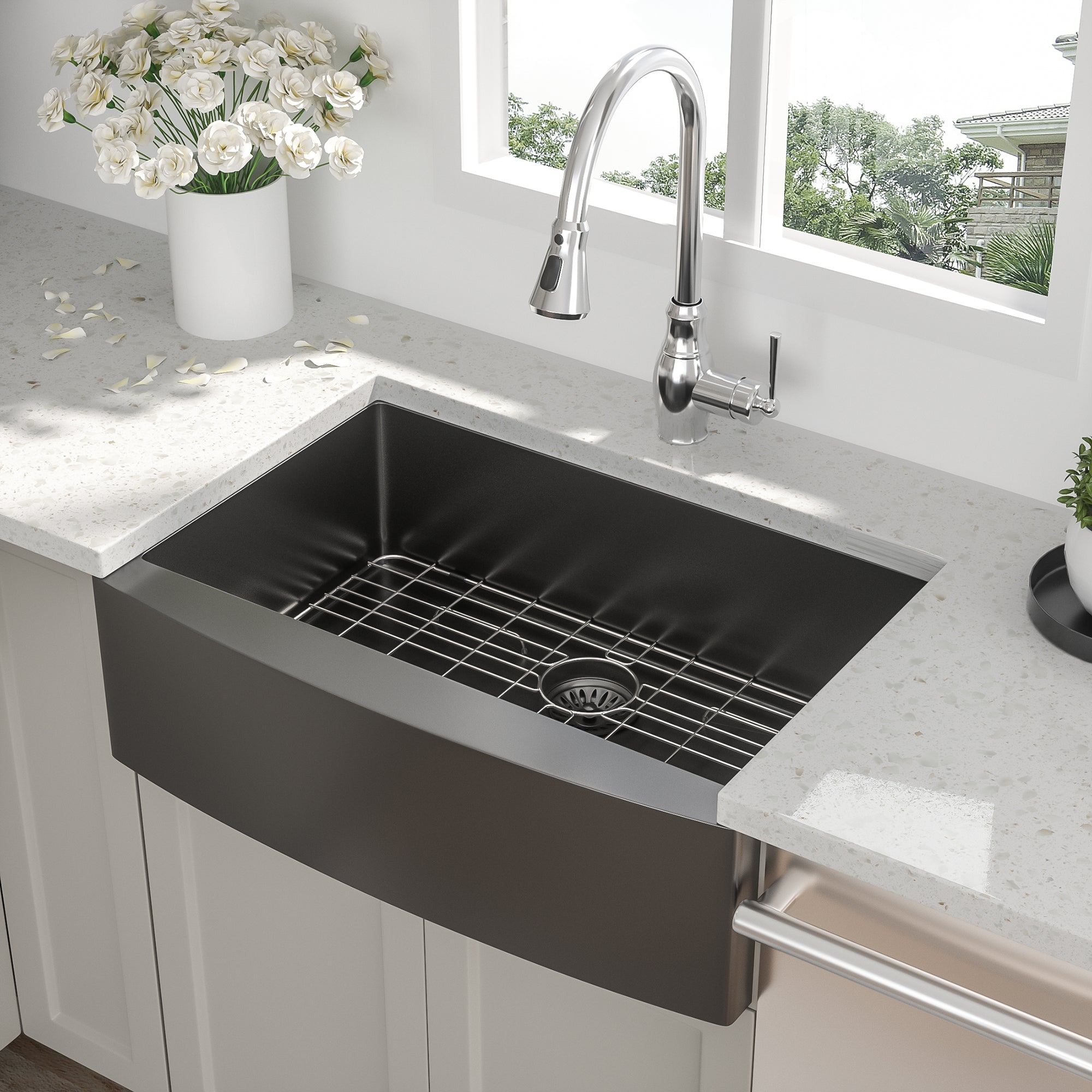 Stainless Steel Single Bowl Farmhouse Kitchen Sink with Bottom Grid