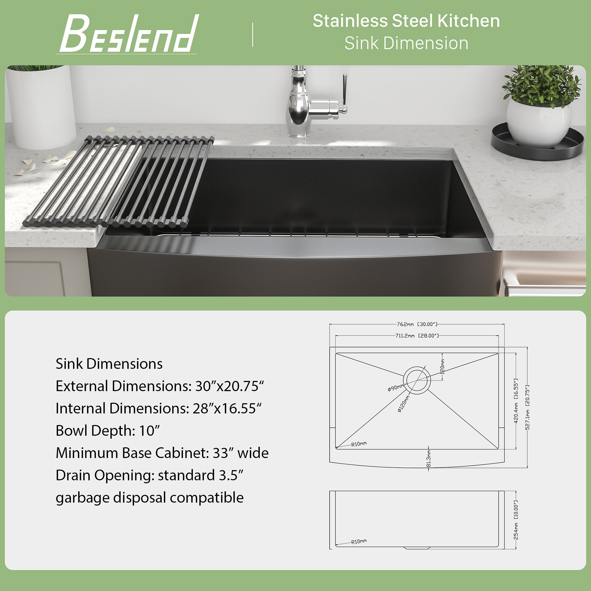 Stainless Steel Single Bowl Farmhouse Kitchen Sink with Bottom Grid