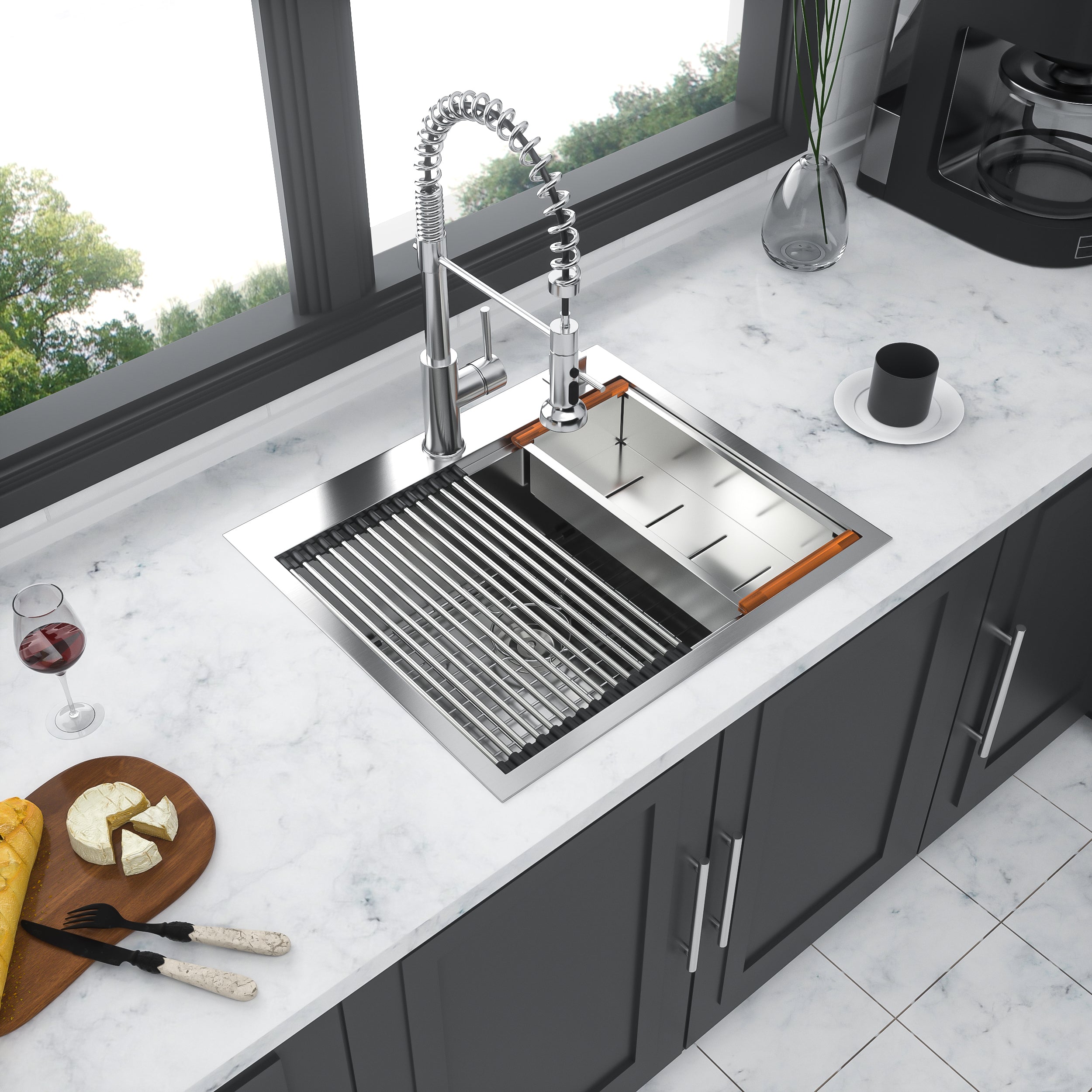 25/28/30 Inch Drop Kitchen Sink Stainless Steel 16 Gauge Workstation Sink Drop-in Topmount Single Bowl Kitchen Sink