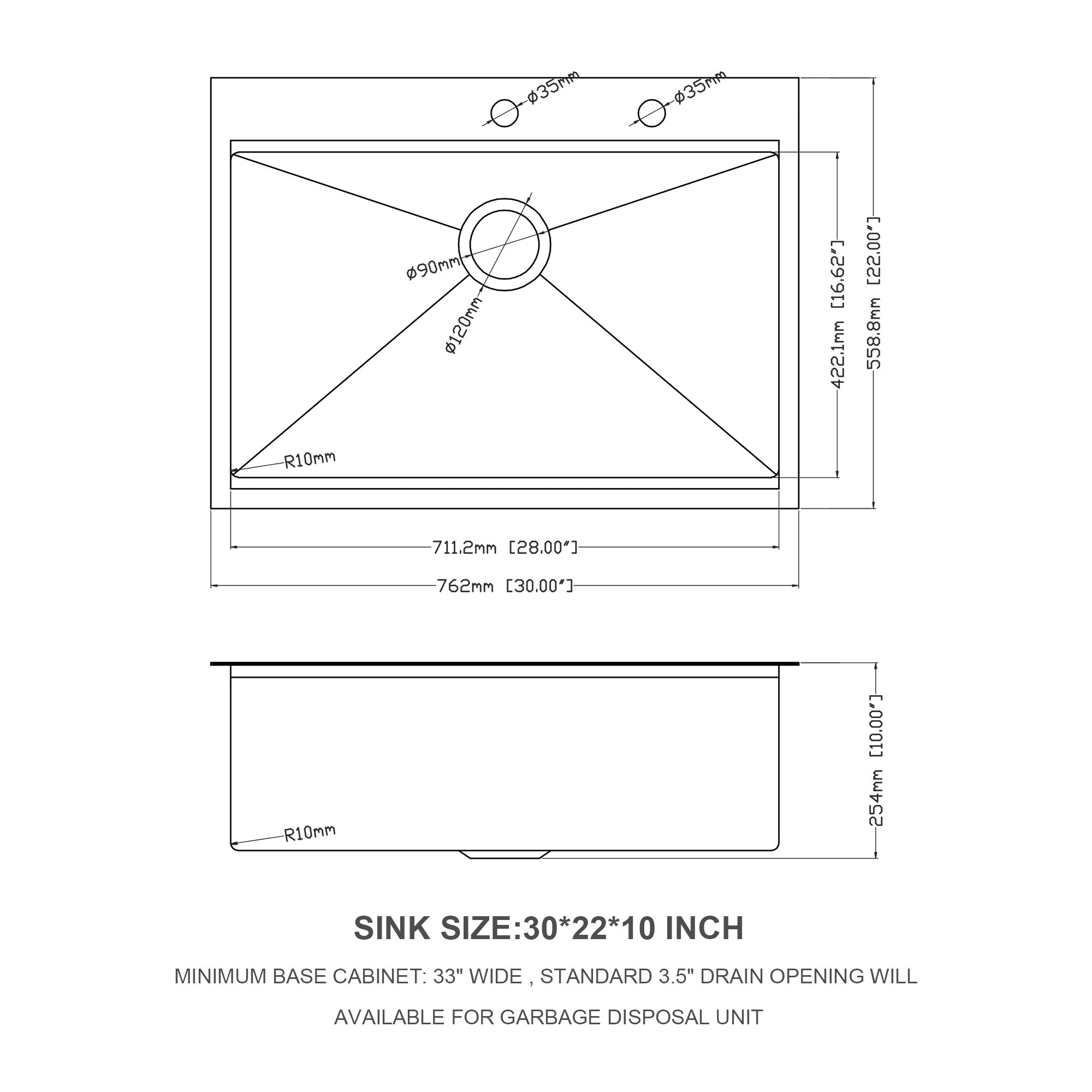 25/28/30 Inch Drop Kitchen Sink Stainless Steel 16 Gauge Workstation Sink Drop-in Topmount Single Bowl Kitchen Sink