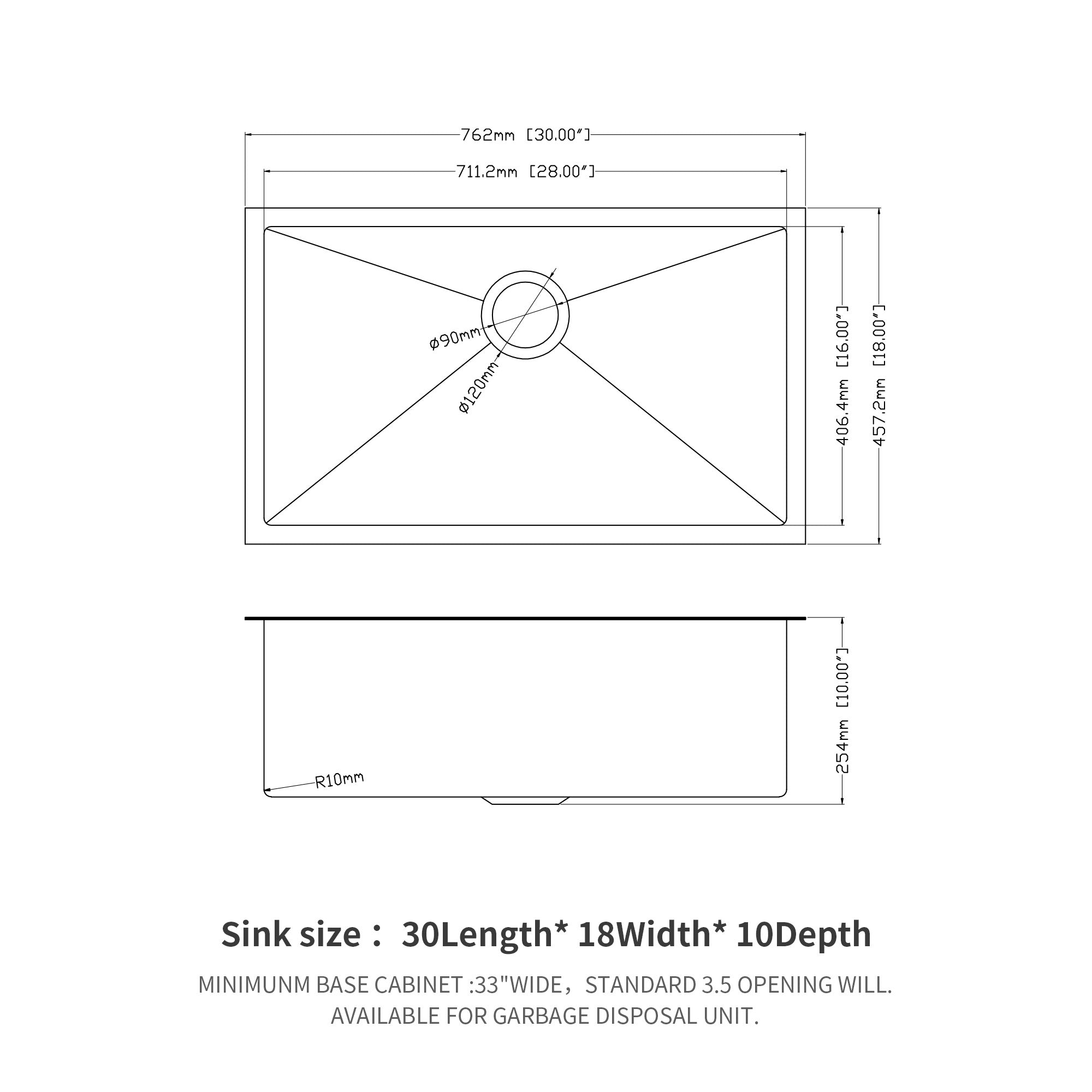 30 In. Undermount Single Bowl 16 Gauge Brushed Nickel Bowl Stainless Steel Kitchen Sink Basin