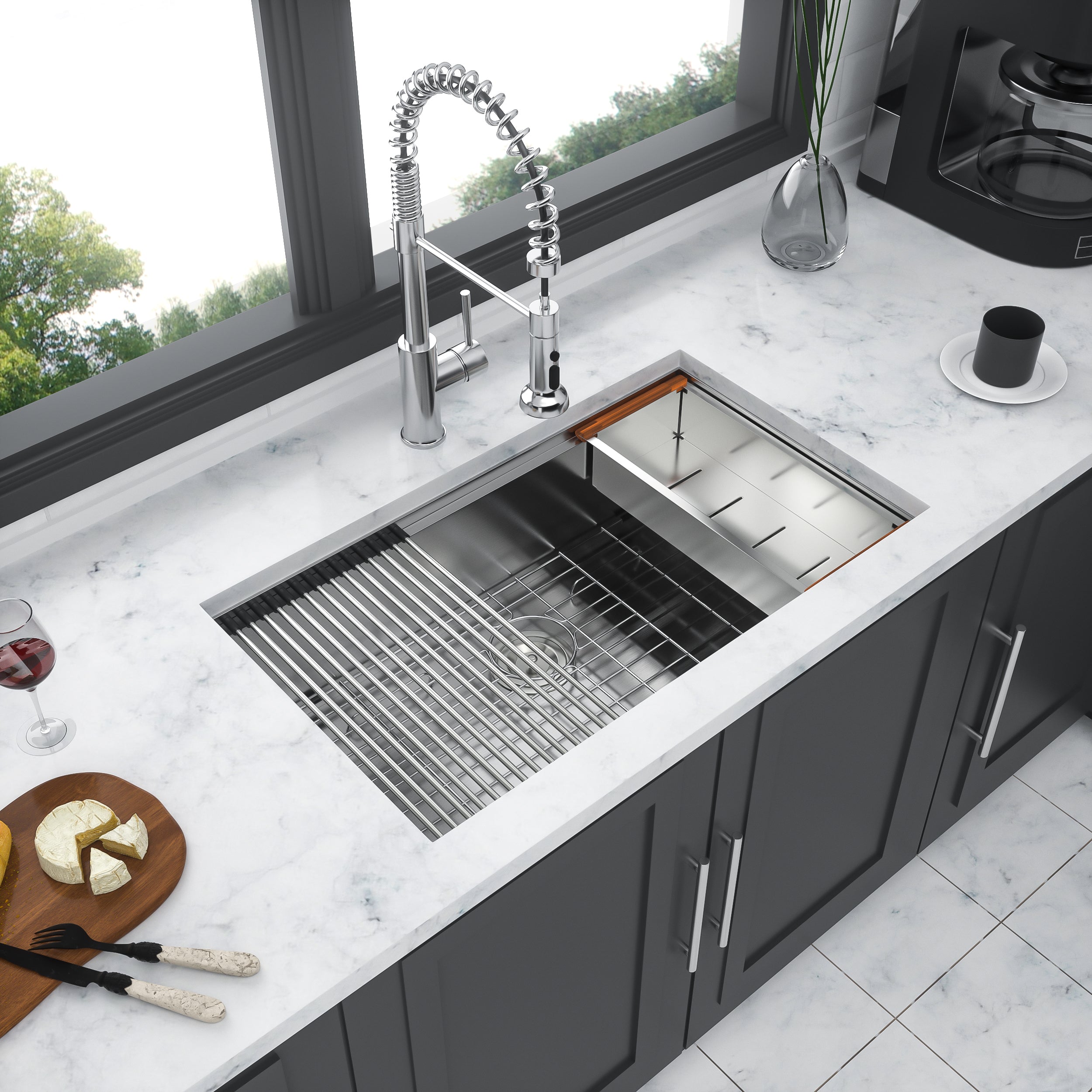 28 In. Undermount Single Bowl 16 Gauge Brushed Nickel Bowl Stainless Steel Kitchen Sink Basin