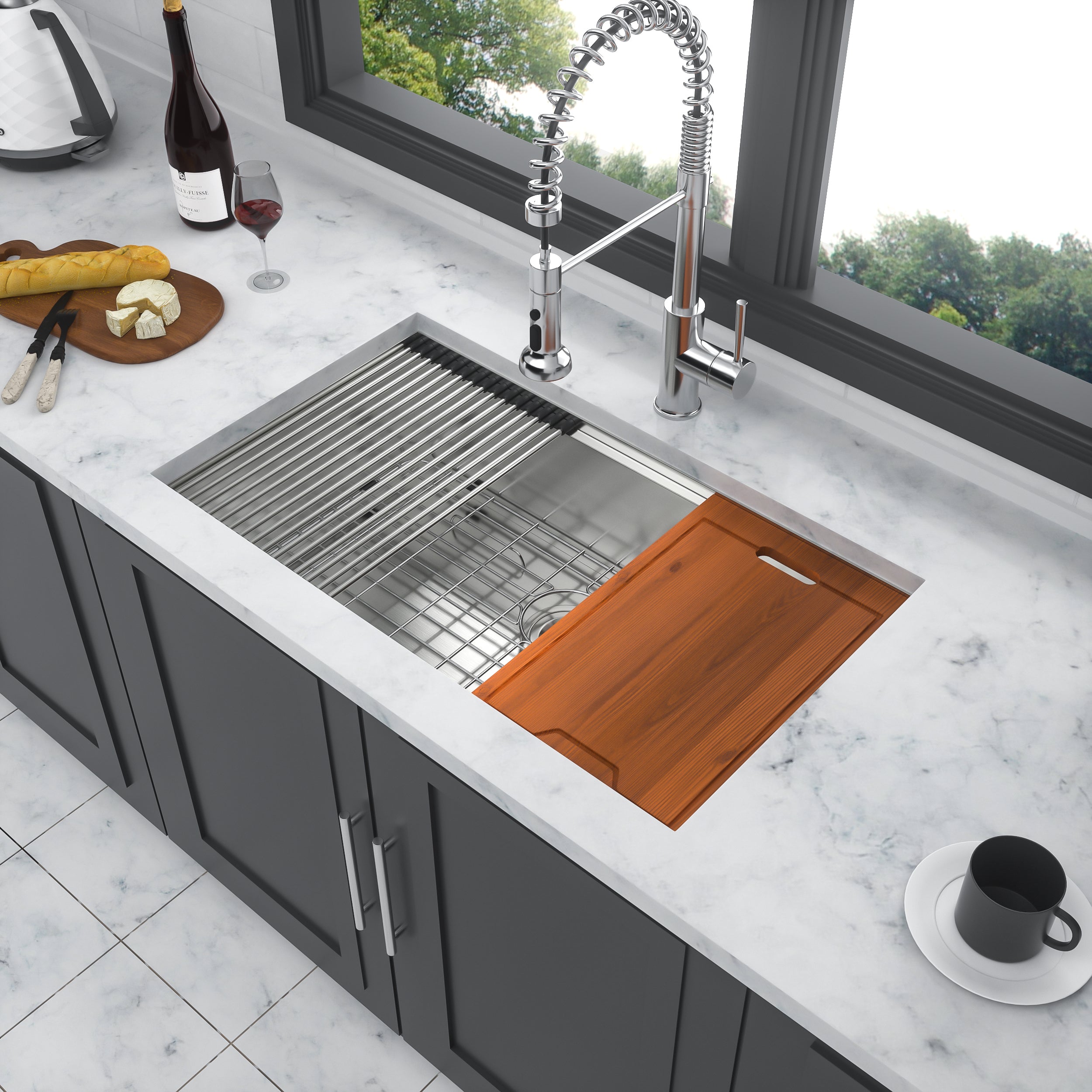 28 In. Undermount Single Bowl 16 Gauge Brushed Nickel Bowl Stainless Steel Kitchen Sink Basin