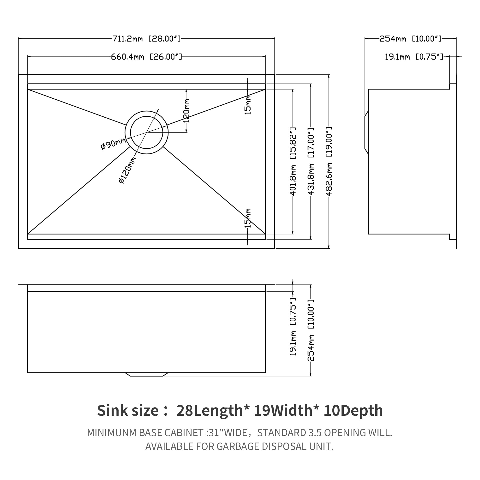 28 In. Undermount Single Bowl 16 Gauge Brushed Nickel Bowl Stainless Steel Kitchen Sink Basin
