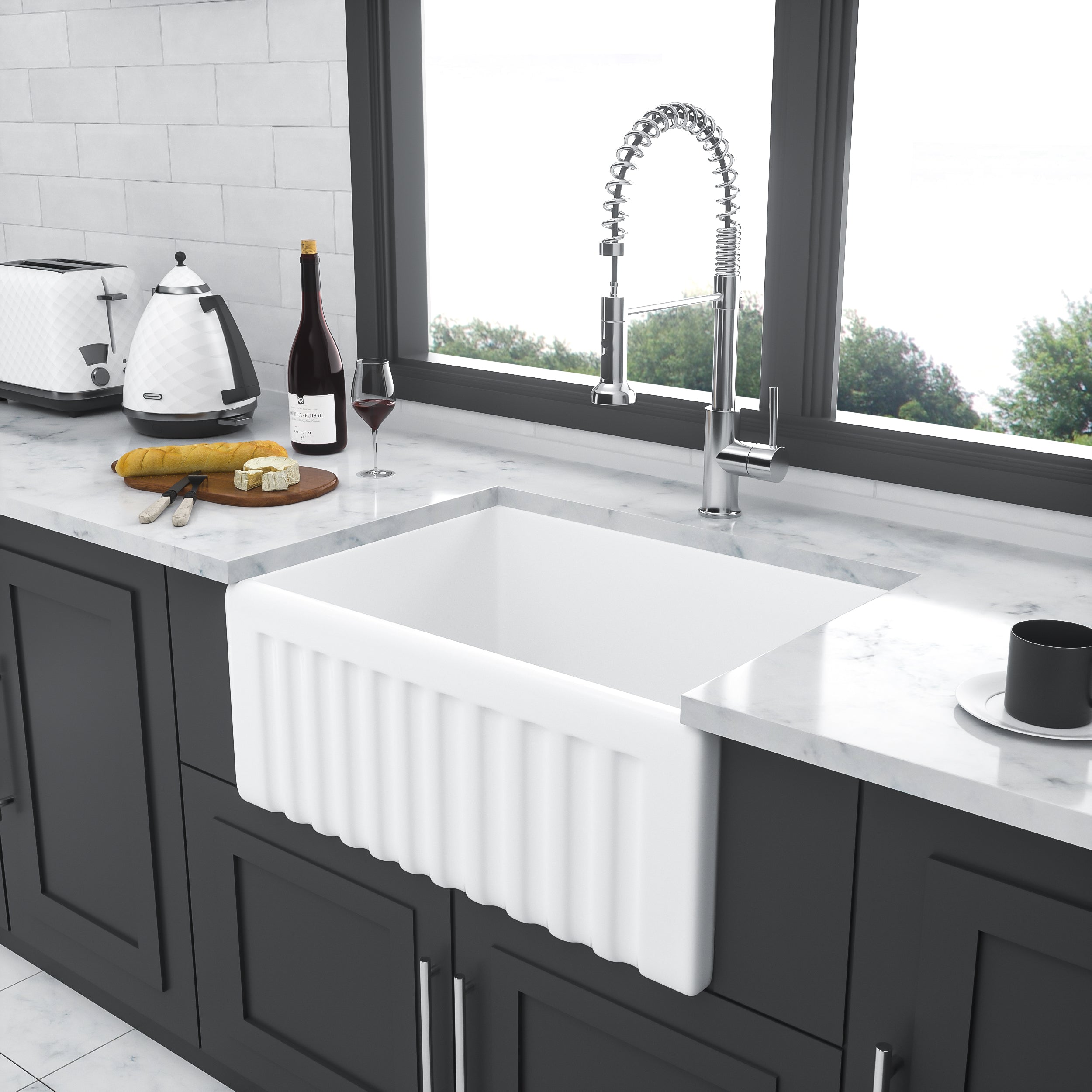 24 inch Kitchen Sink White Apron-Front Ceramic Single Bowl Small Reversible Farm Sink Laundry Room Sink
