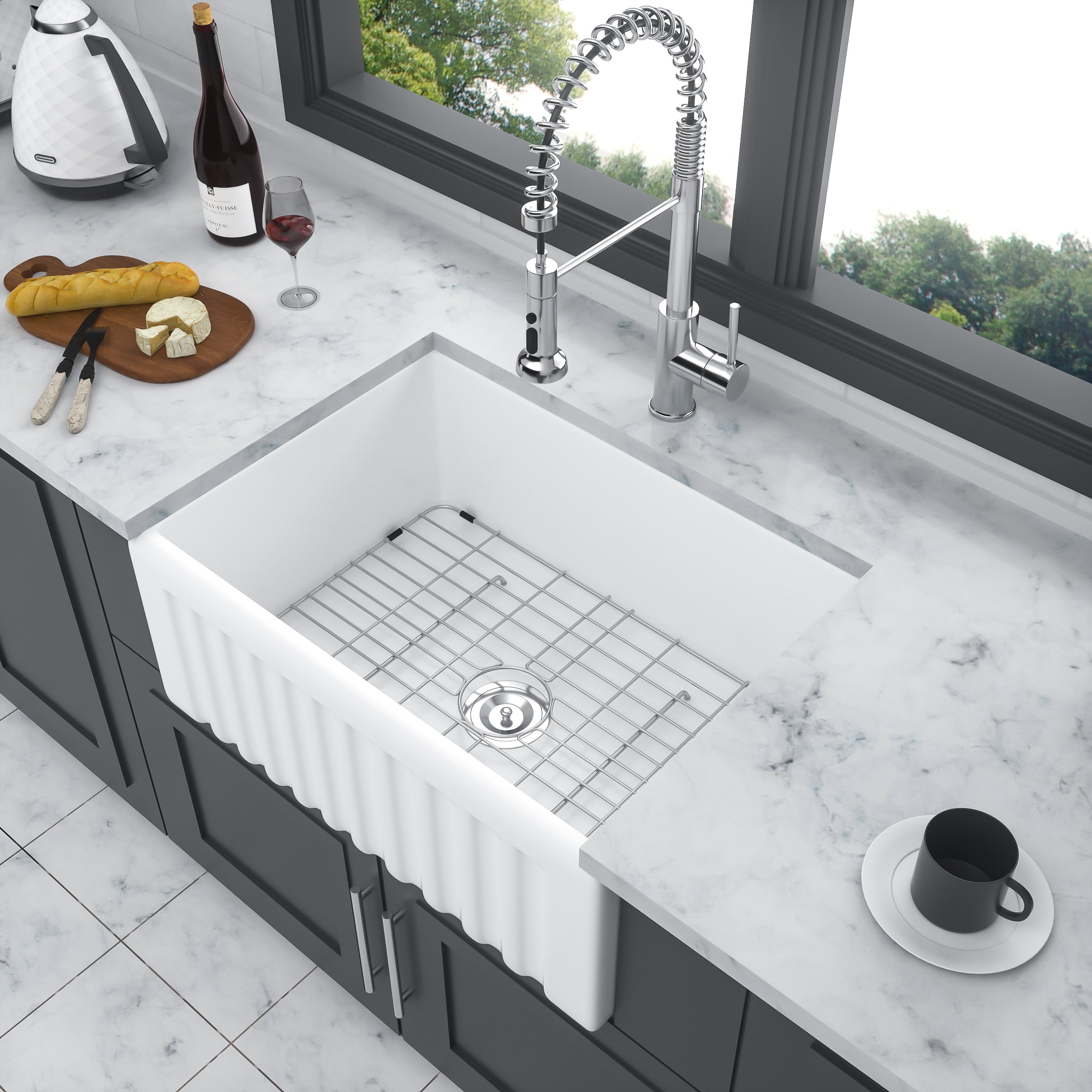 24 inch Kitchen Sink White Apron-Front Ceramic Single Bowl Small Reversible Farm Sink Laundry Room Sink