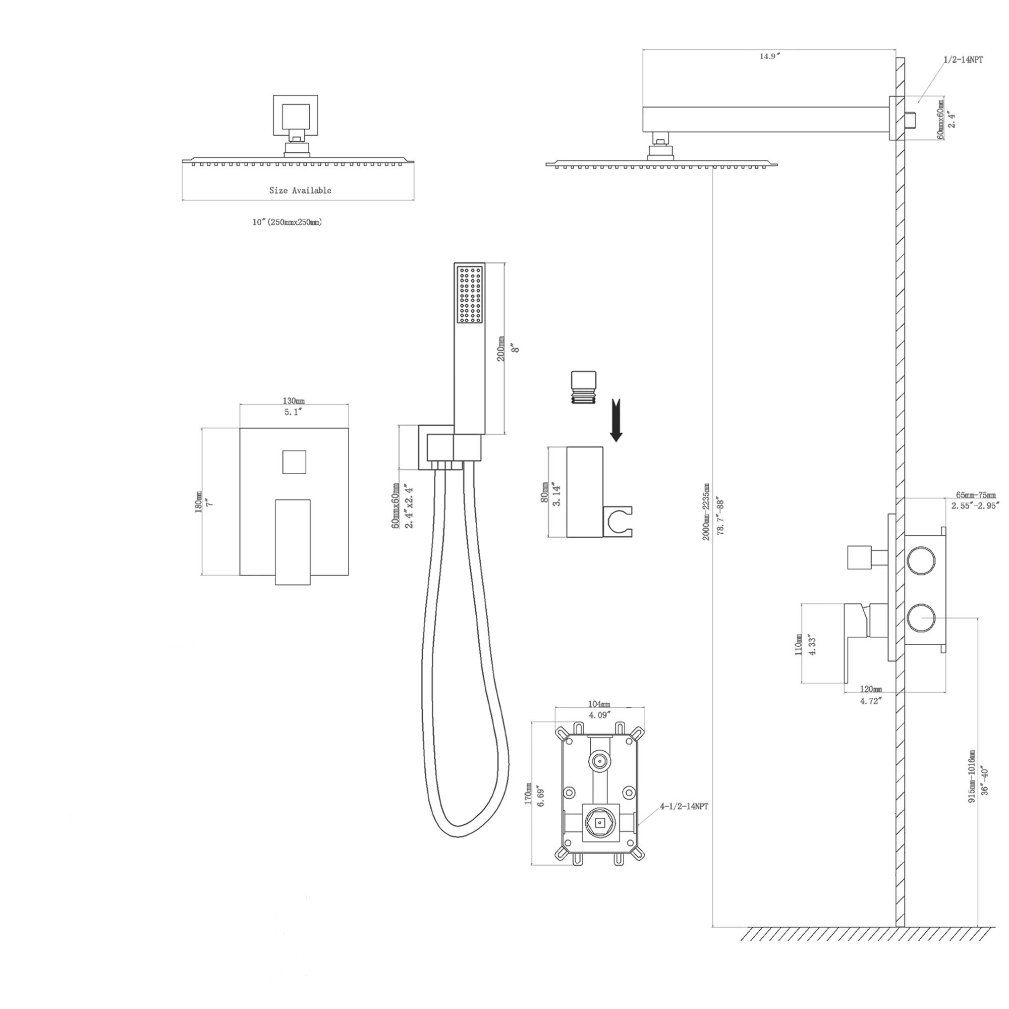 10 Inch Wall Mounted Square Shower System with Rough-in Valve