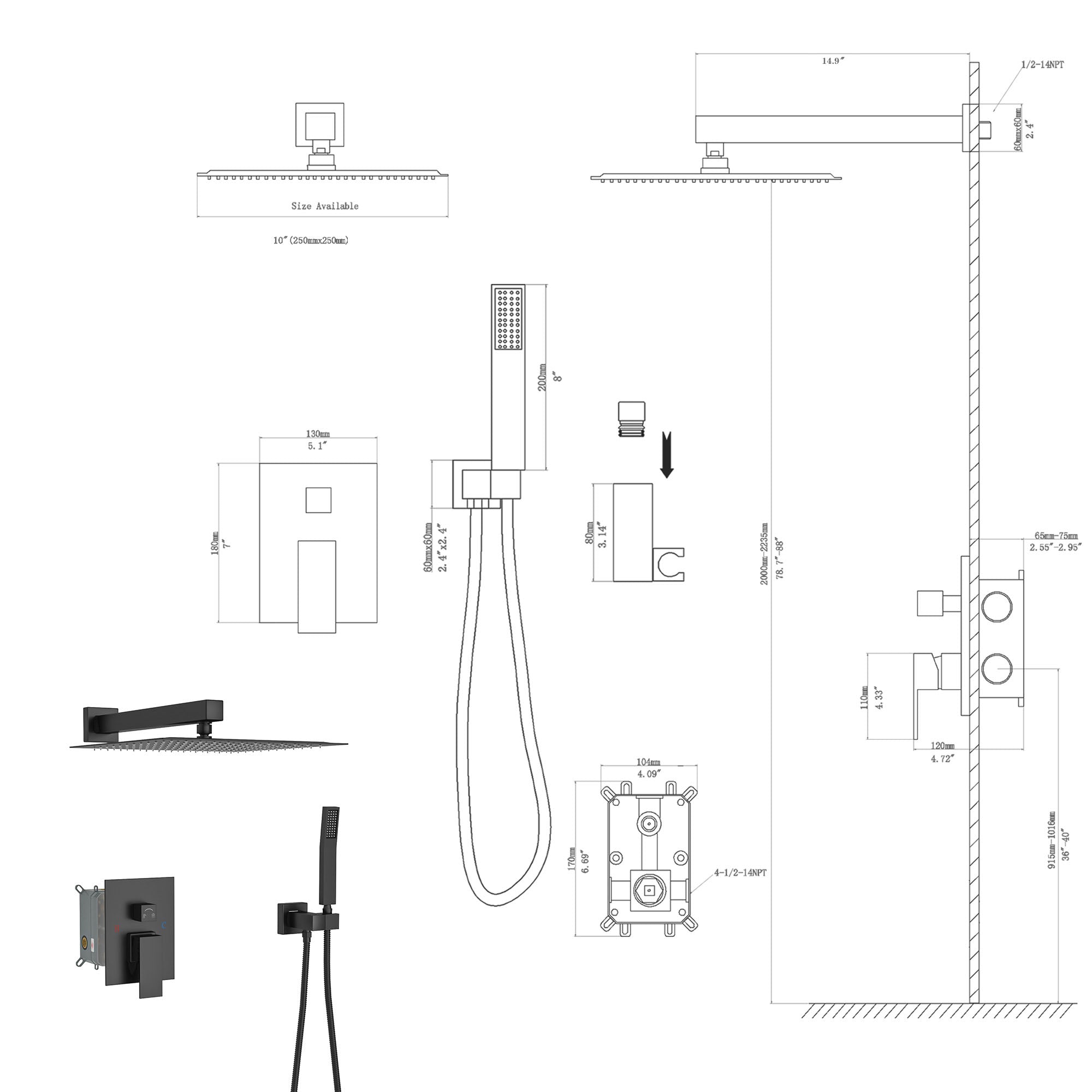 10 inch Wall-Mounted Square Completed Shower System with Rough-in Valve, Matte Black