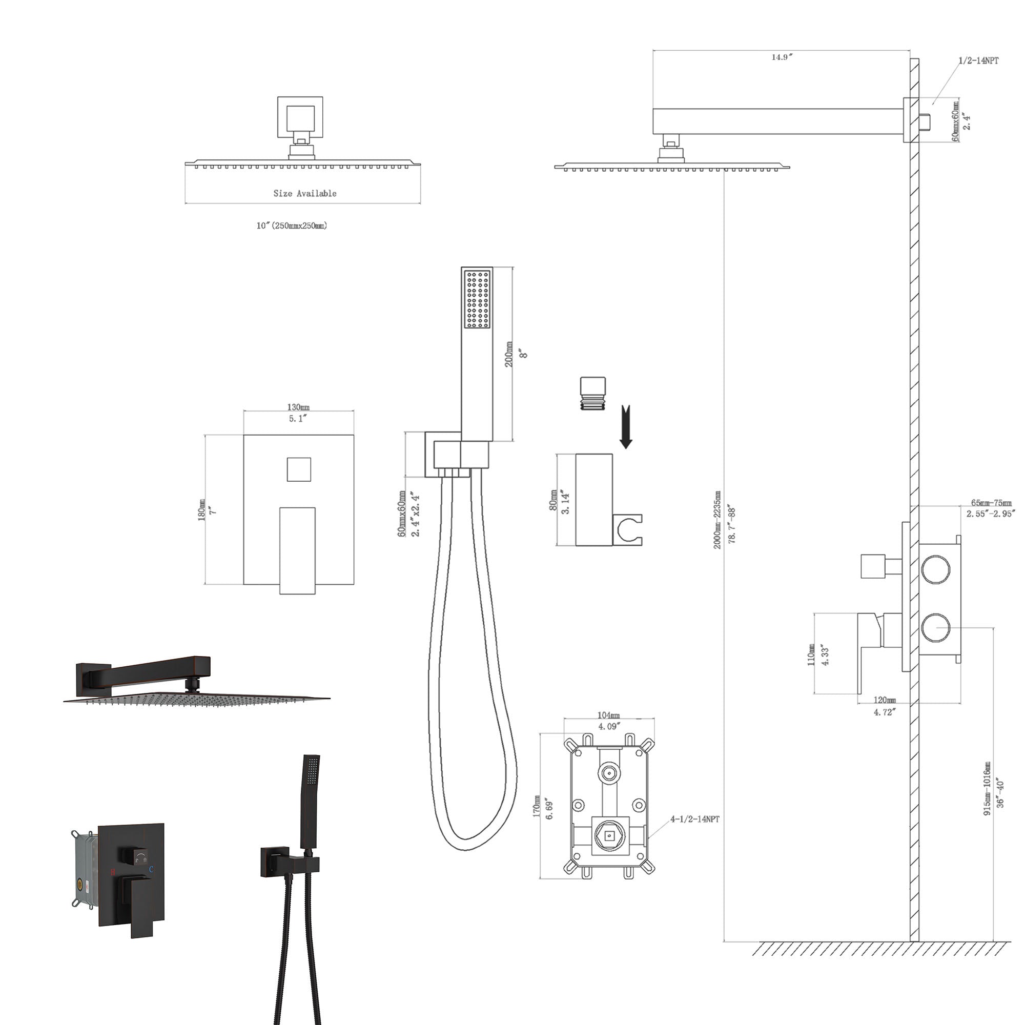 10 Inch Wall Mounted Square Shower System with Rough-in Valve