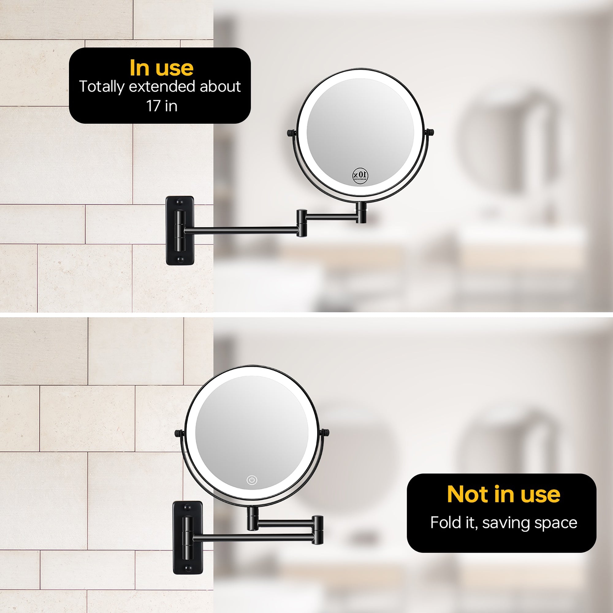 17 inch Double-Sided Wall Mounted 10X LED Magnifying Bathroom Mirror