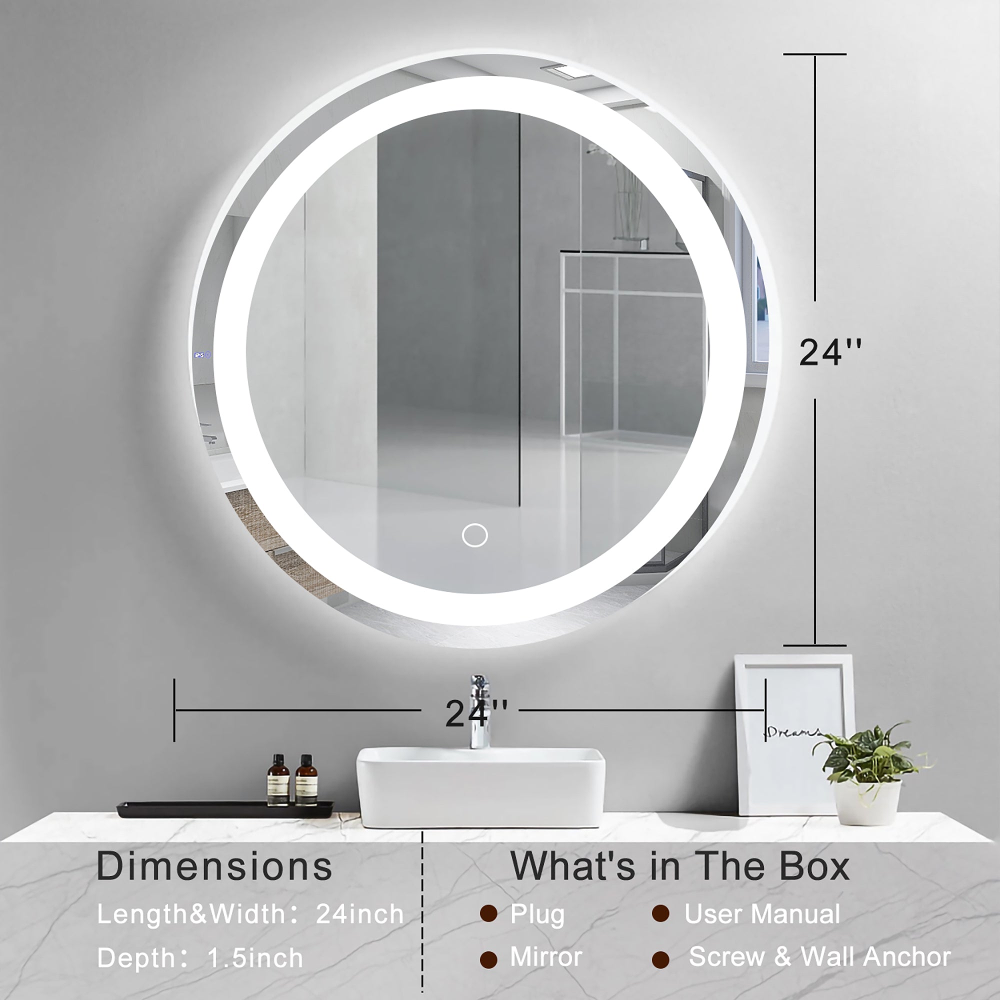 24 inch Round Frameless Anti-Fog Dimmable Wall Mounted LED Bathroom Vanity Mirror